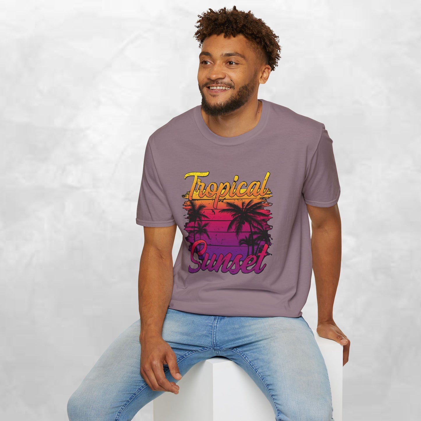 Tropical Sunset Unisex Softstyle T-Shirt – Perfect for Summer Vibes and Beach Lovers