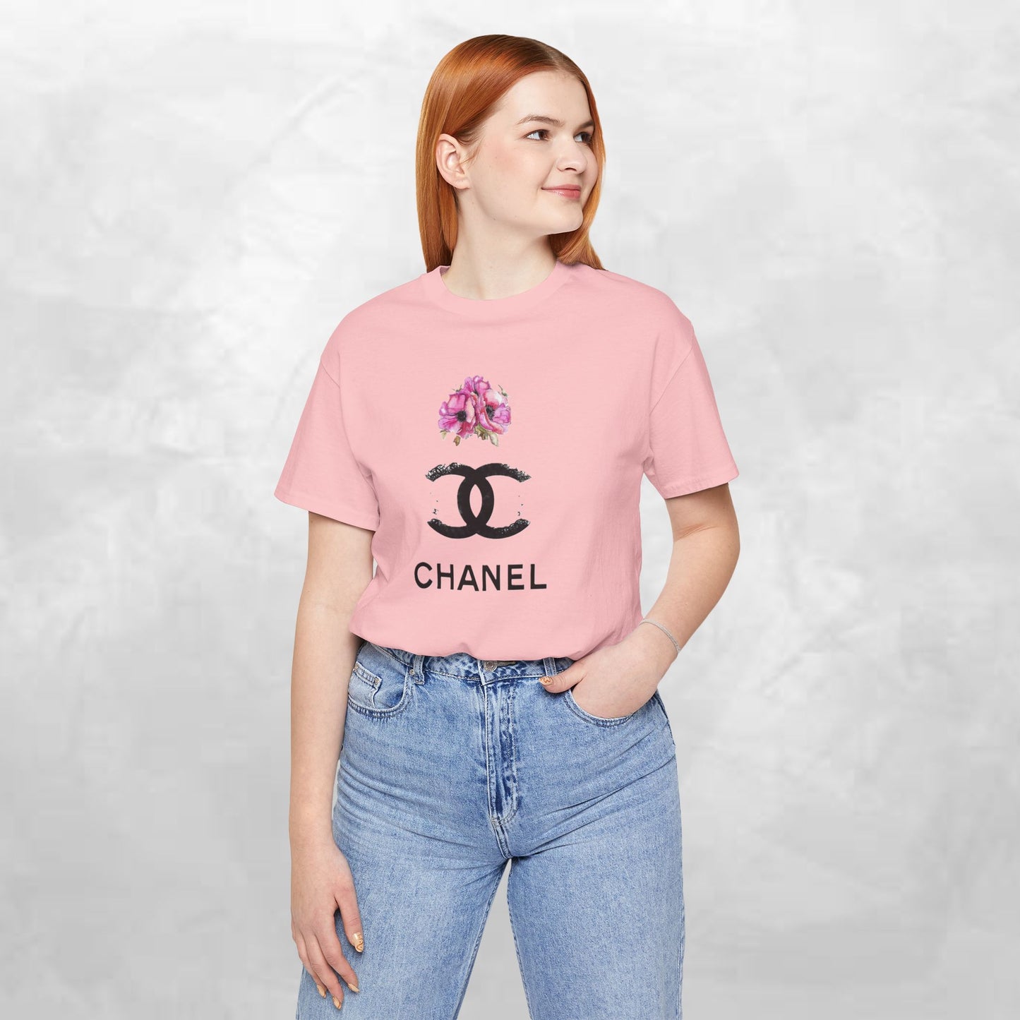 Chic Floral Logo Tee | Stylish Unisex Jersey Short Sleeve T-Shirt, Fashion Tee, Luxury Aesthetic, Gift for Her, Casual Wear, Trendy Apparel