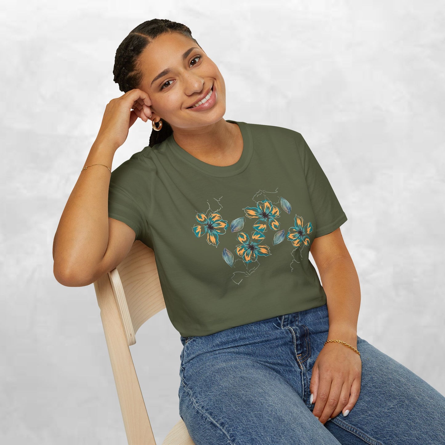 Floral Watercolor Tee — Teal & Gold Blossom Graphic T-Shirt