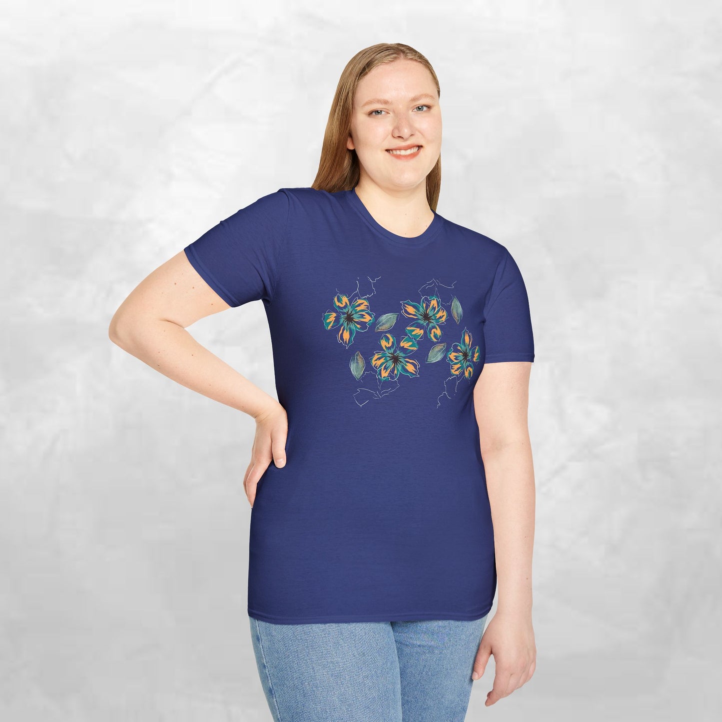 Floral Watercolor Tee — Teal & Gold Blossom Graphic T-Shirt