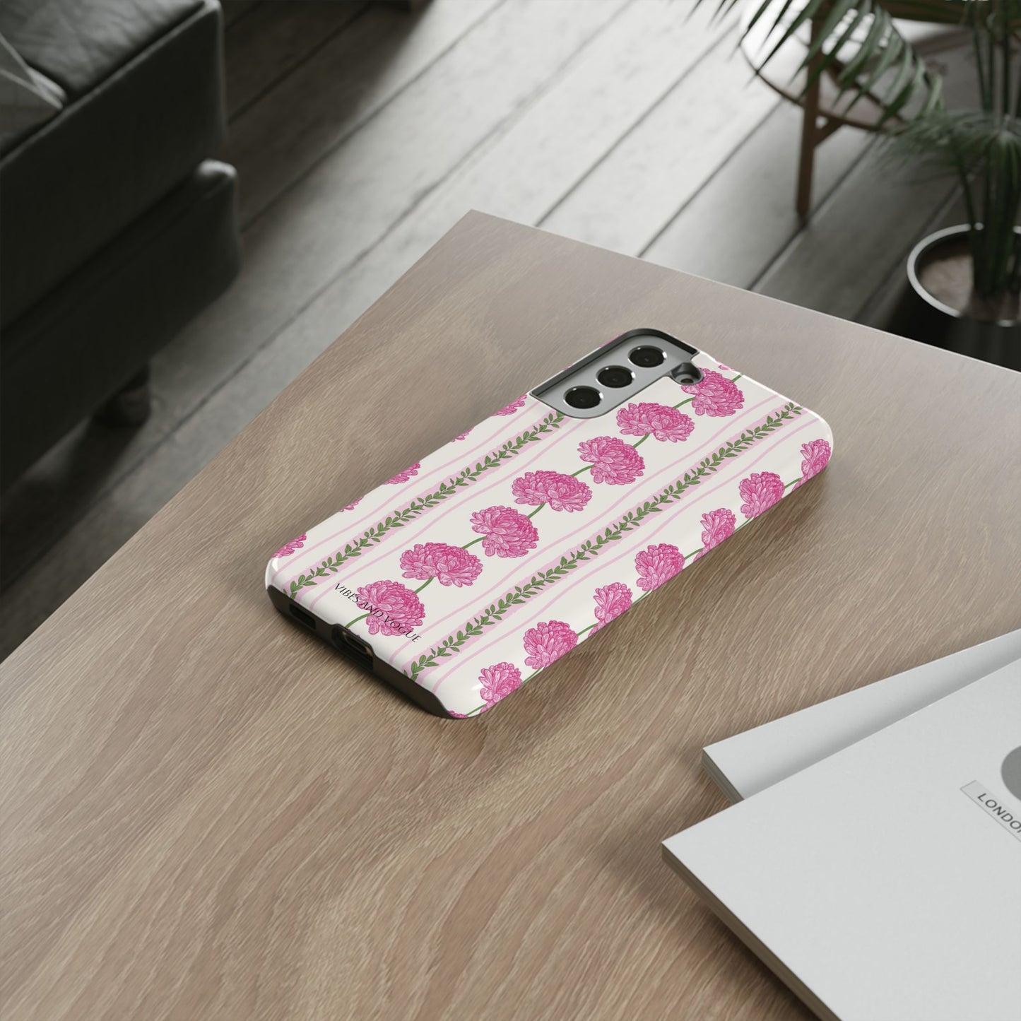 Floral Carnation Phone Case — Pink Vintage Stripe Tough Case