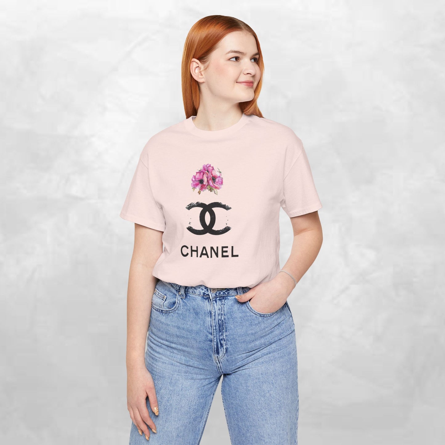 Chic Floral Logo Tee | Stylish Unisex Jersey Short Sleeve T-Shirt, Fashion Tee, Luxury Aesthetic, Gift for Her, Casual Wear, Trendy Apparel