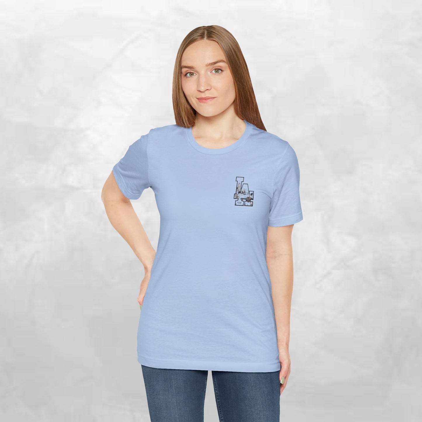 Minimalist Cityscape Pocket Tee — Small Black Line Art Chest Print