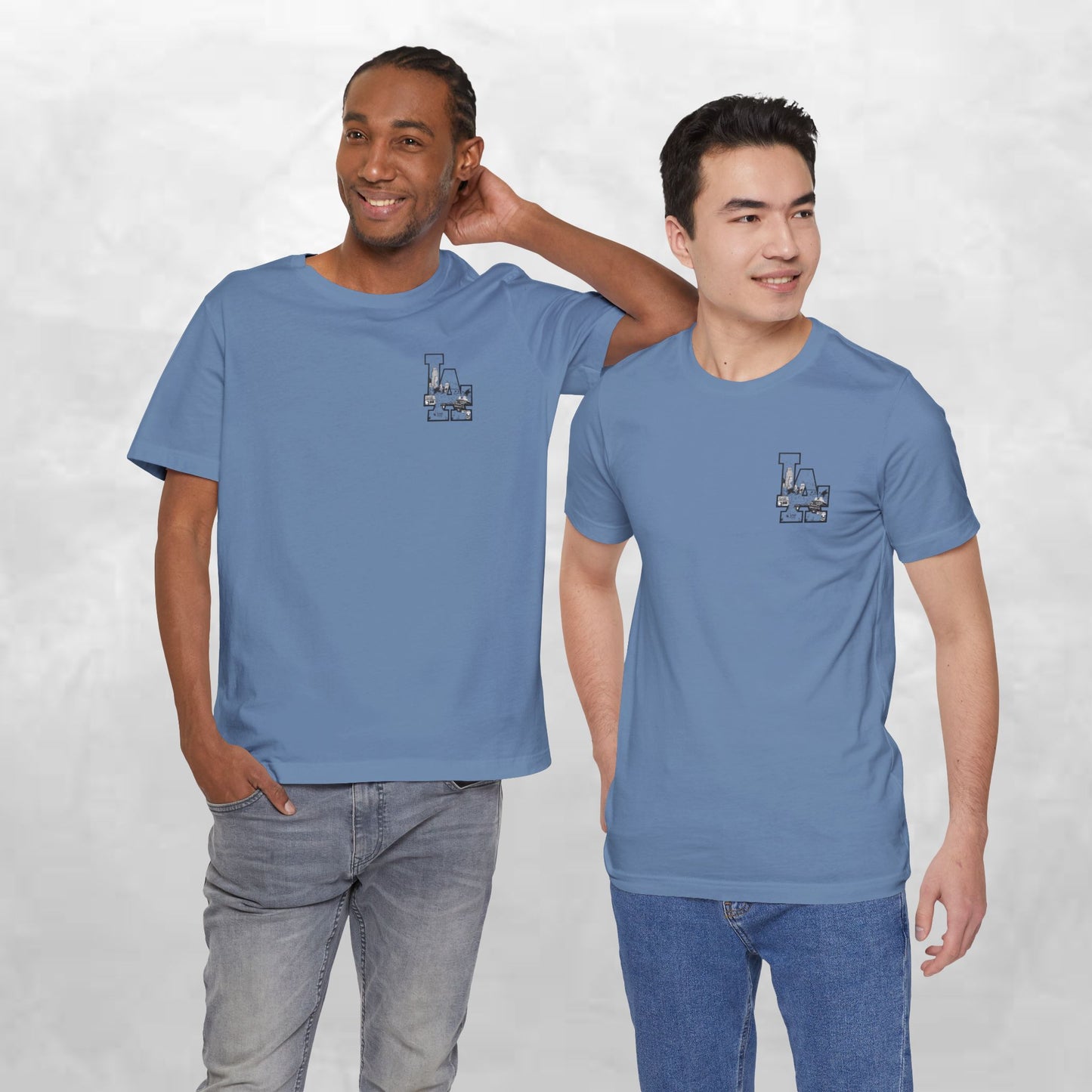 Minimalist Cityscape Pocket Tee — Small Black Line Art Chest Print