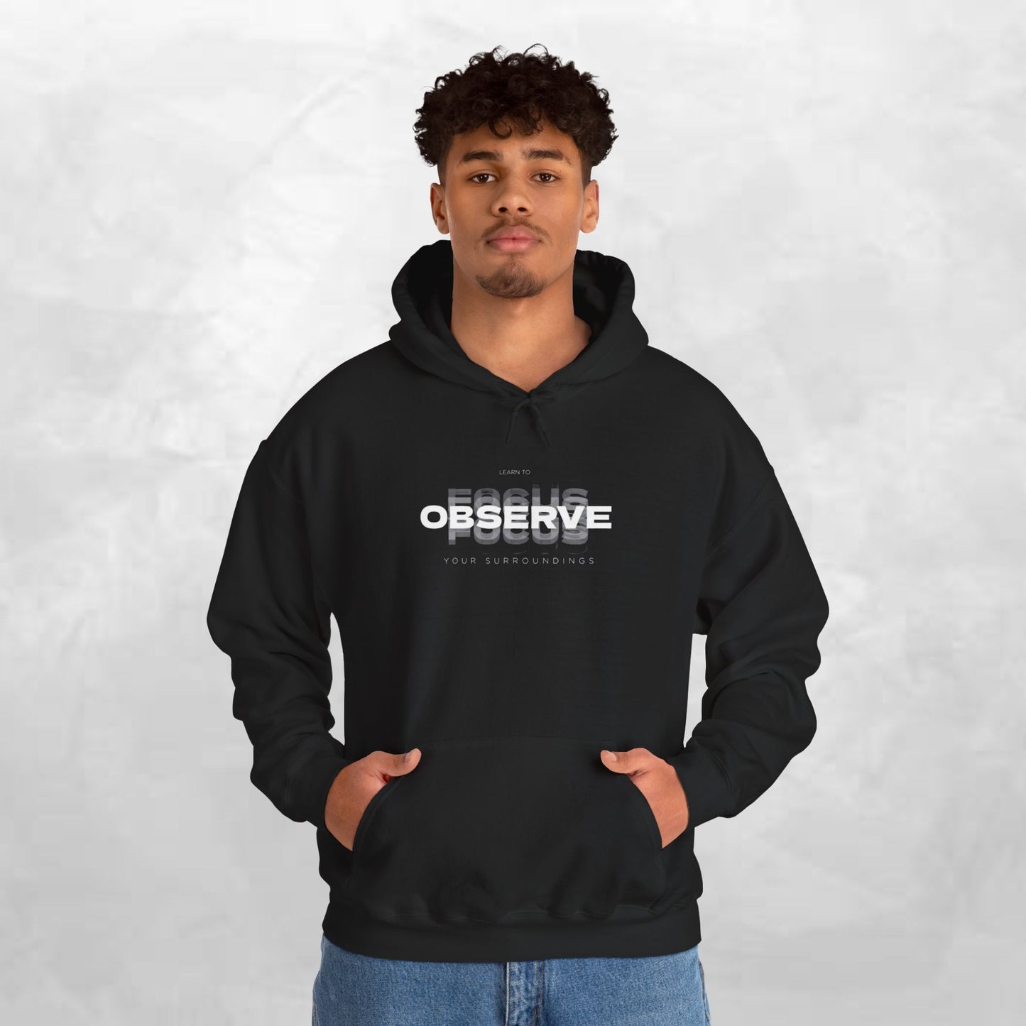 Observe Hoodie — Minimalist Glitch Text Black Pullover