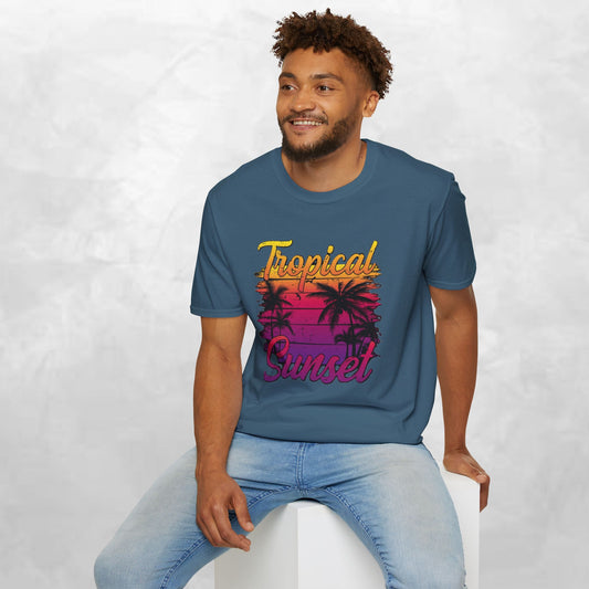 Tropical Sunset Unisex Softstyle T-Shirt – Perfect for Summer Vibes and Beach Lovers