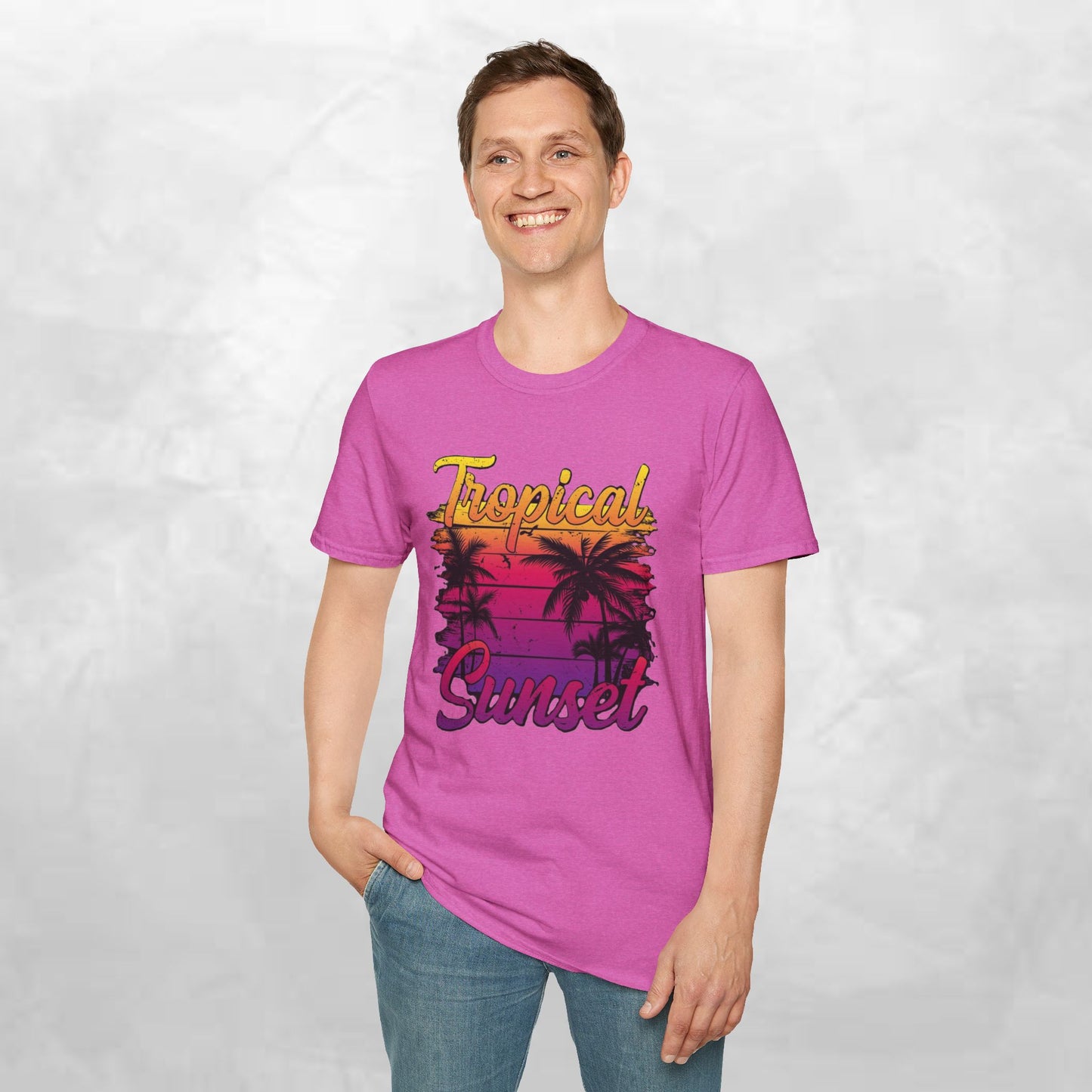 Tropical Sunset Unisex Softstyle T-Shirt – Perfect for Summer Vibes and Beach Lovers