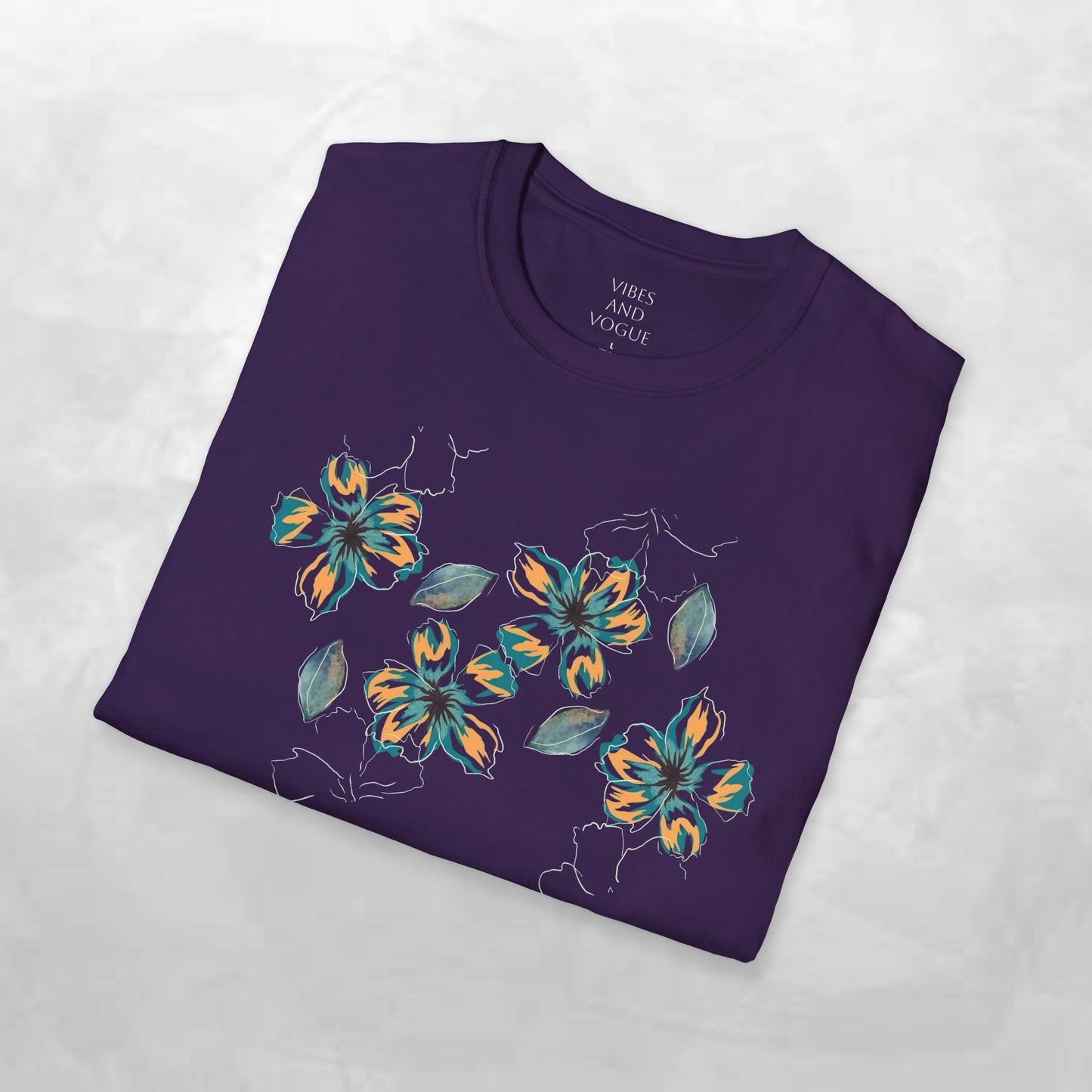 Floral Watercolor Tee — Teal & Gold Blossom Graphic T-Shirt