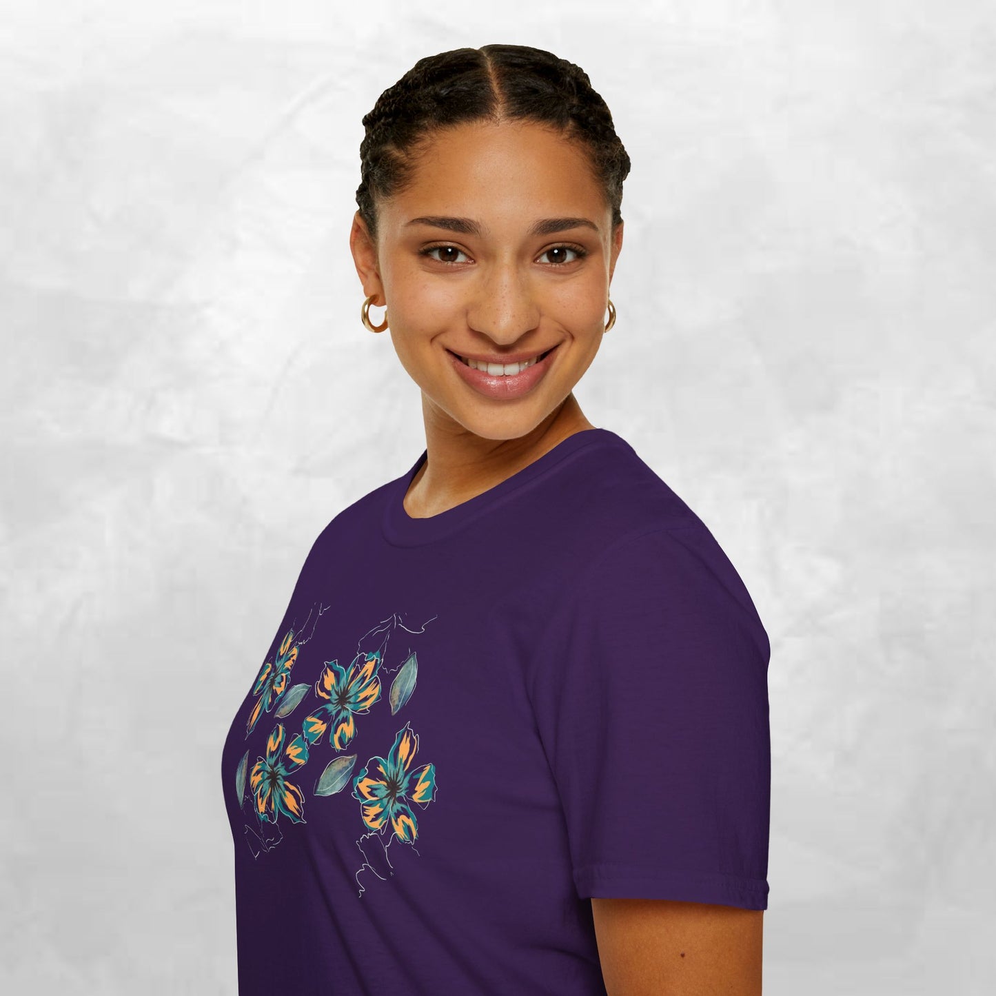 Floral Watercolor Tee — Teal & Gold Blossom Graphic T-Shirt