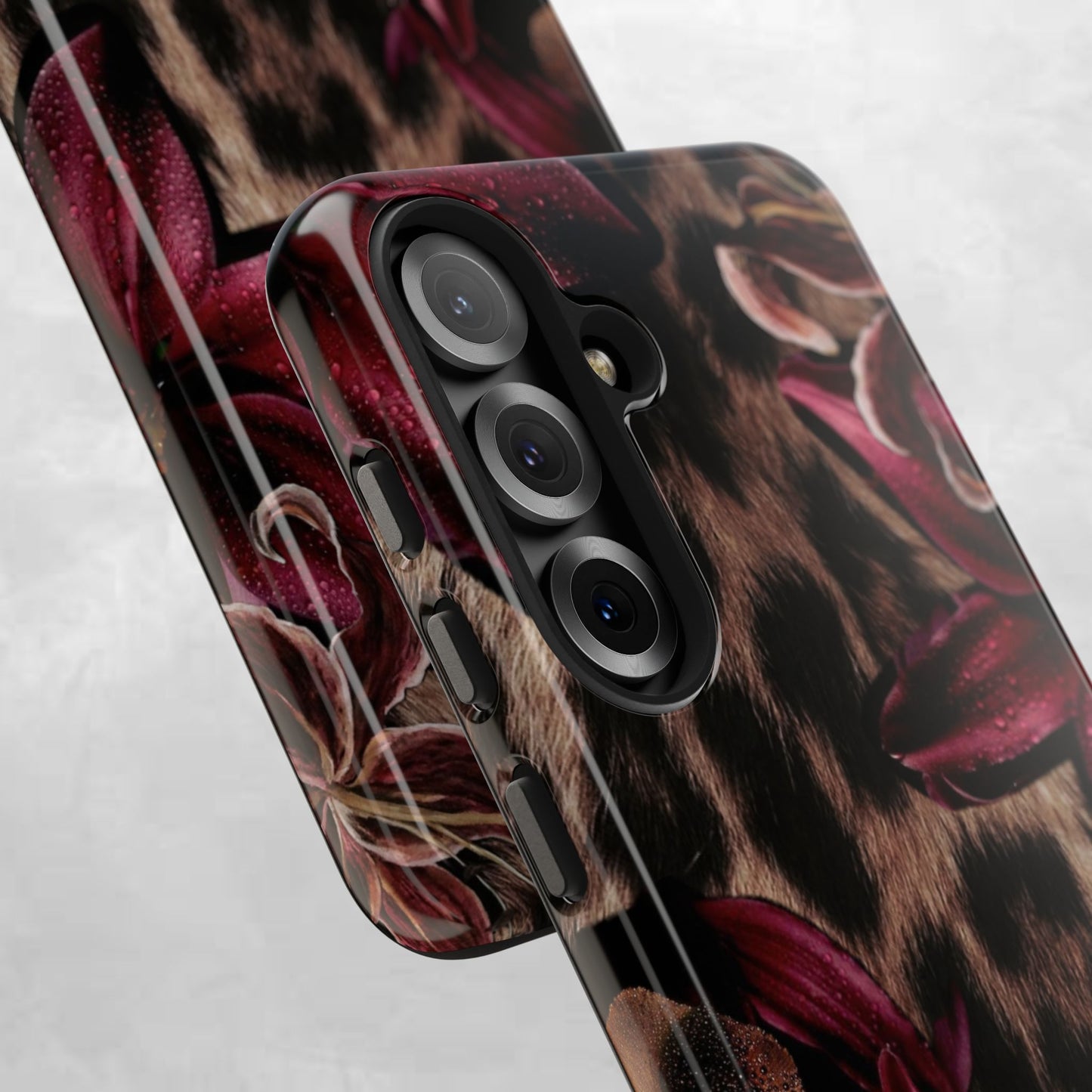 Leopard Bloom Tough Phone Case — Burgundy Floral Protective Cover