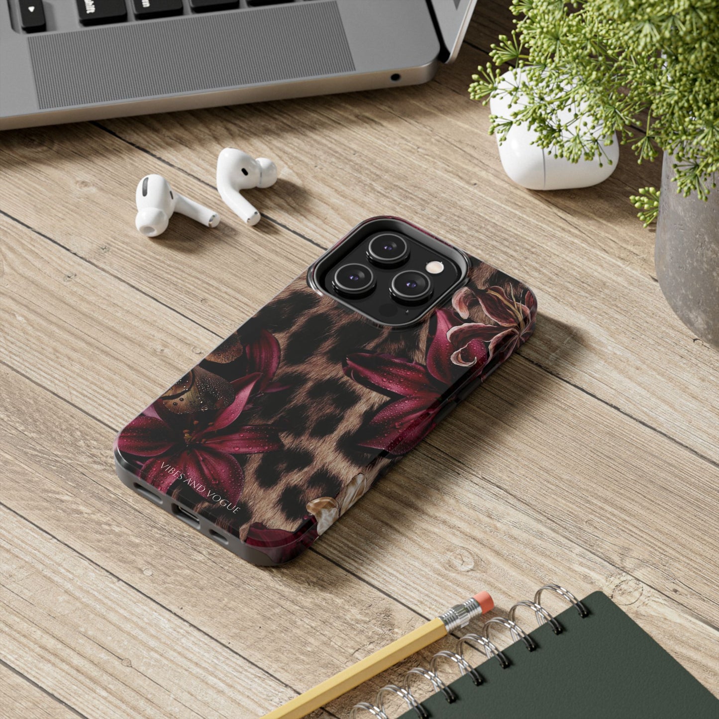 Leopard Bloom Tough Phone Case — Burgundy Floral Protective Cover