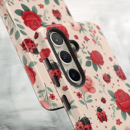 Floral Tough Phone Case - Ladybug & Roses Design