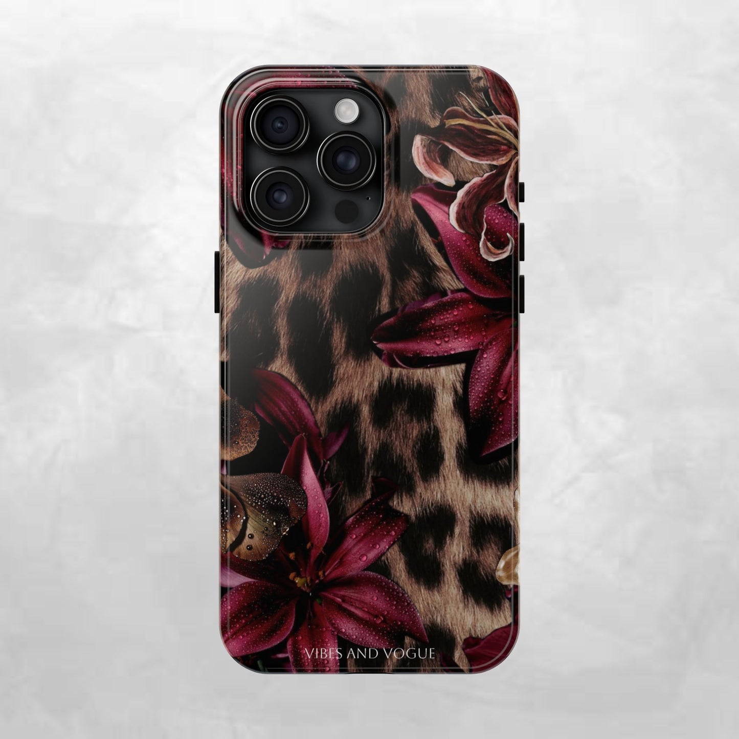 Leopard Bloom Tough Phone Case — Burgundy Floral Protective Cover