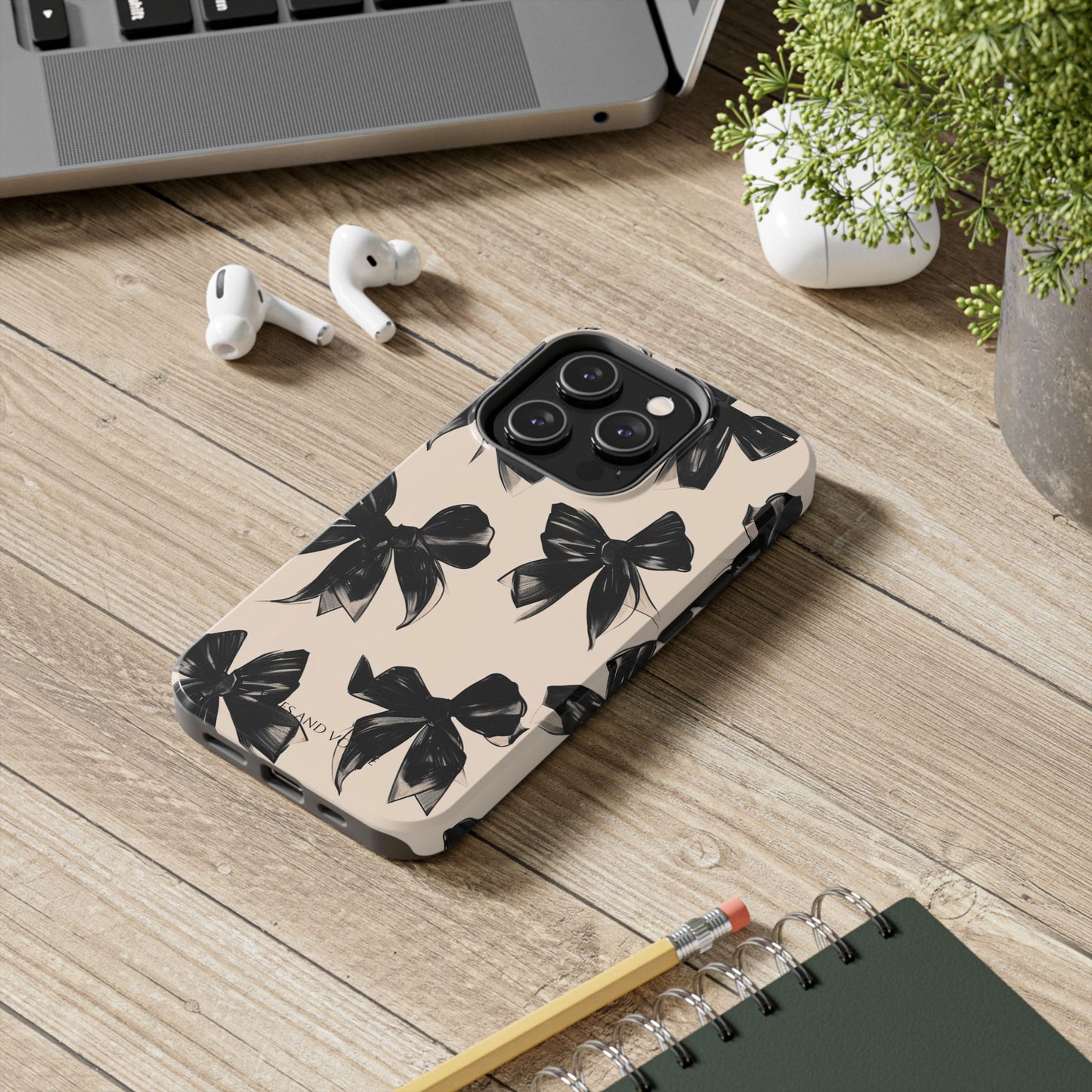 Tough Phone Case — Black Bow Pattern on Nude Background