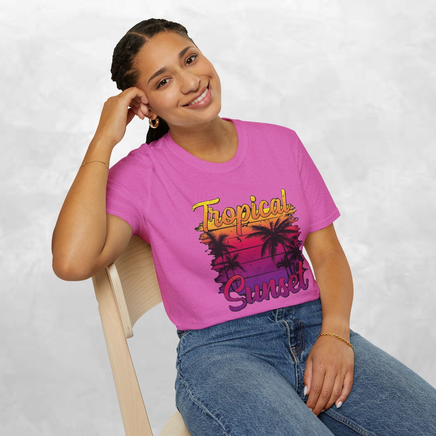 Tropical Sunset Unisex Softstyle T-Shirt – Perfect for Summer Vibes and Beach Lovers
