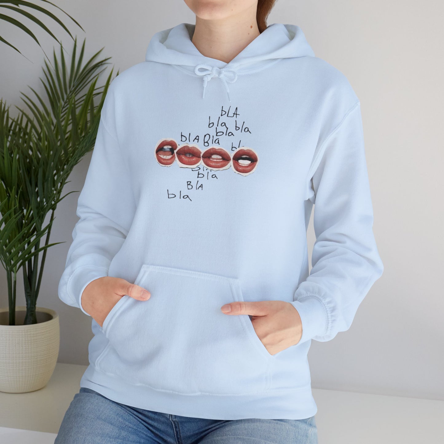 Graphic Hoodie — 'BLA BLA' Lip Print Pullover
