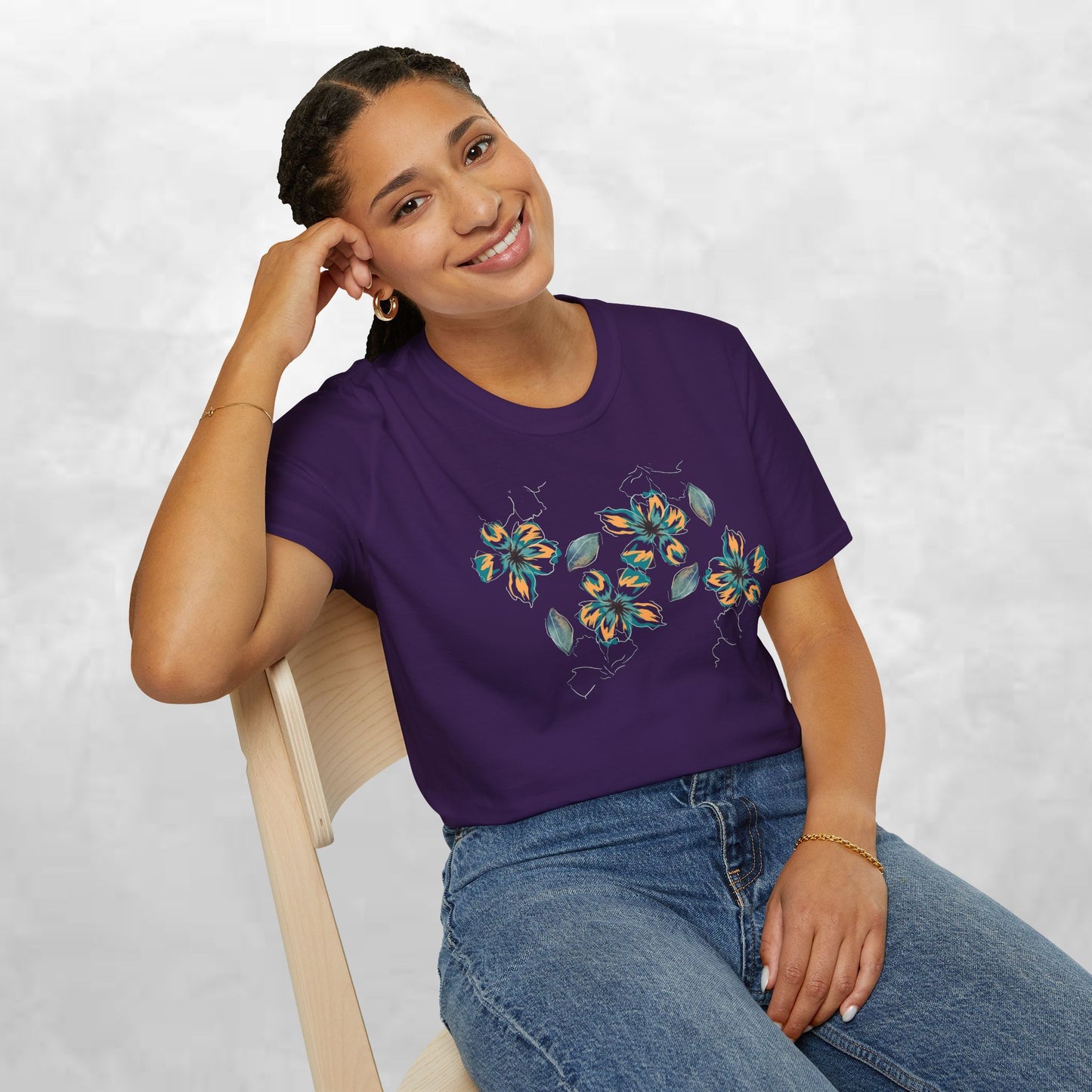 Floral Watercolor Tee — Teal & Gold Blossom Graphic T-Shirt