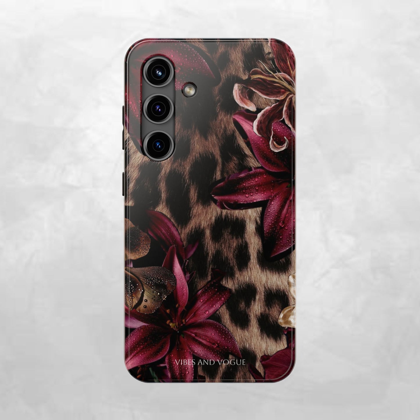 Leopard Bloom Tough Phone Case — Burgundy Floral Protective Cover