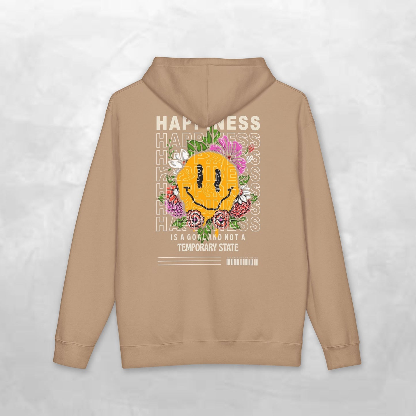 Happiness Smiley Hoodie — Floral Graphic Backprint Hooded Sweatshirt