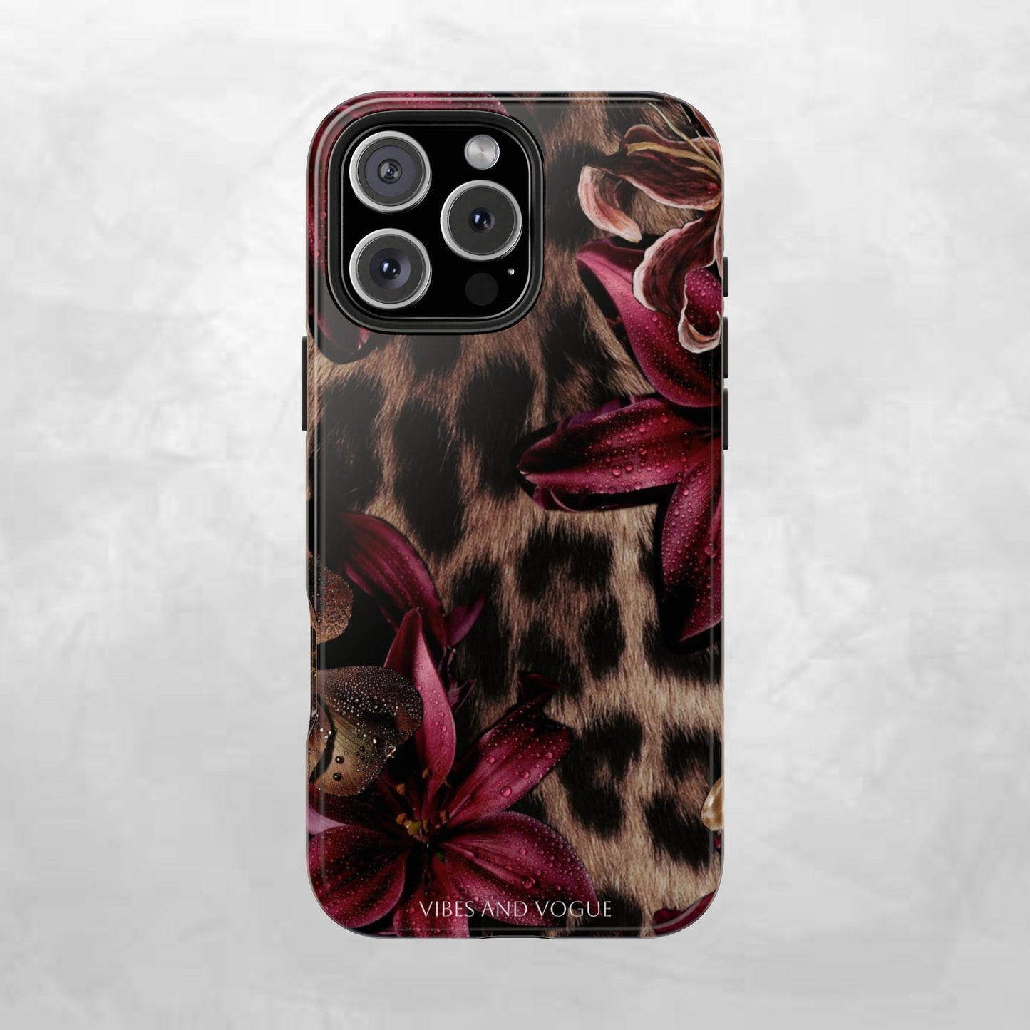 Leopard Bloom Tough Phone Case — Burgundy Floral Protective Cover