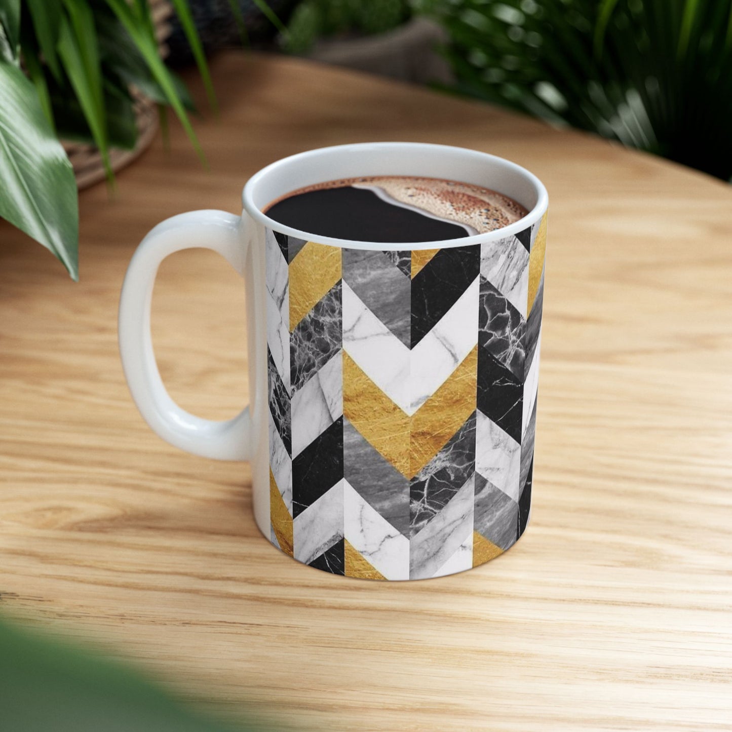 Luxurious Chevron Ceramic Mug - Marble & Gold Design (11oz, 15oz)