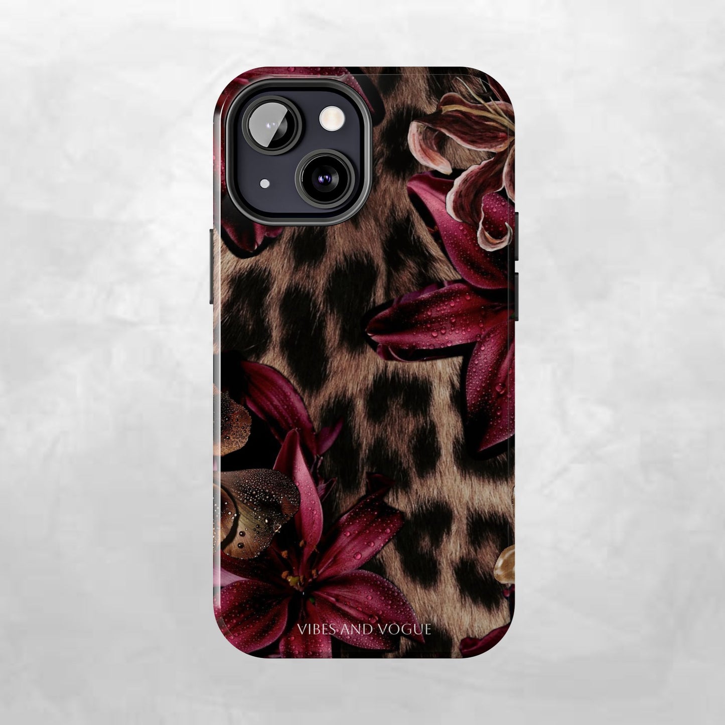 Leopard Bloom Tough Phone Case — Burgundy Floral Protective Cover