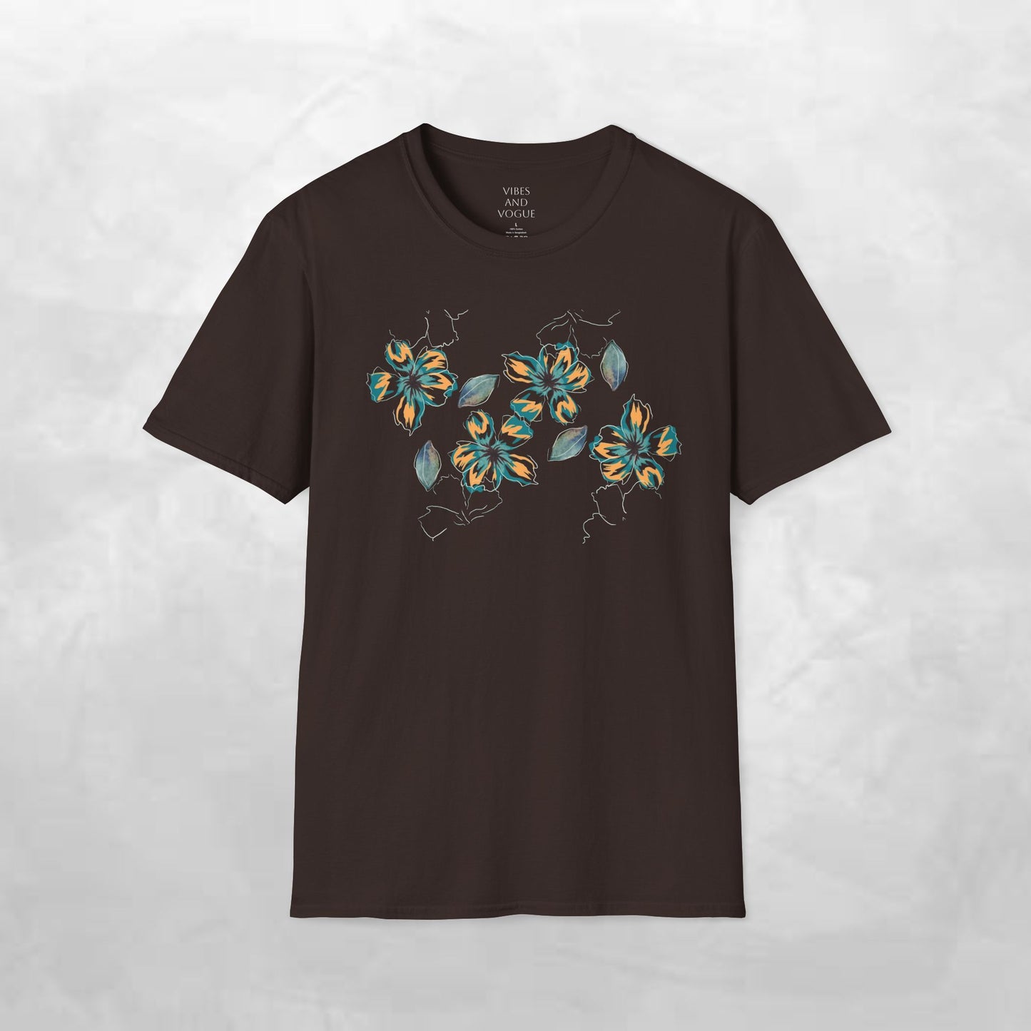 Floral Watercolor Tee — Teal & Gold Blossom Graphic T-Shirt