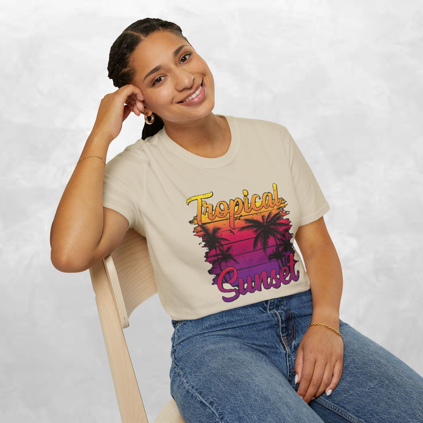 Tropical Sunset Unisex Softstyle T-Shirt – Perfect for Summer Vibes and Beach Lovers