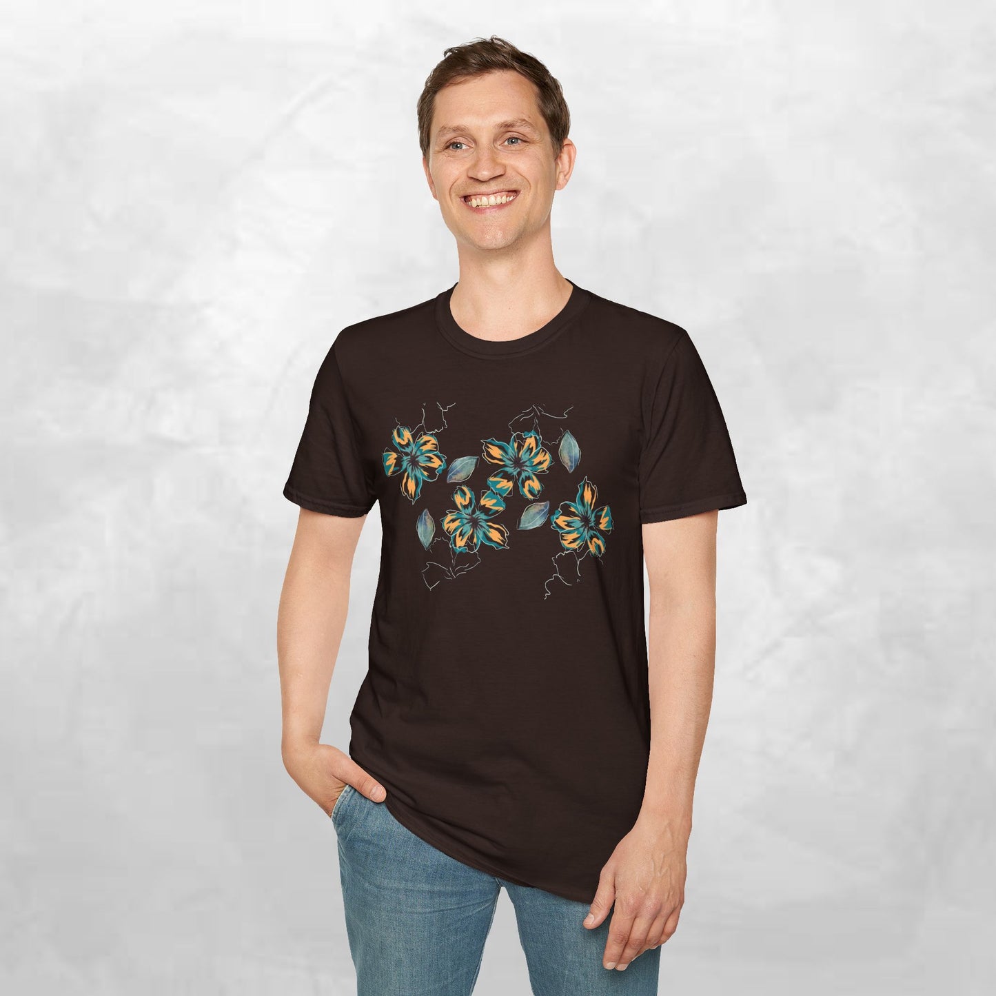 Floral Watercolor Tee — Teal & Gold Blossom Graphic T-Shirt