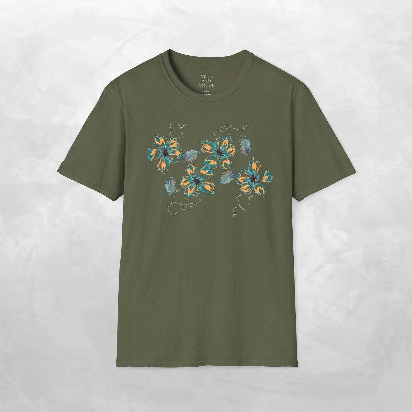 Floral Watercolor Tee — Teal & Gold Blossom Graphic T-Shirt
