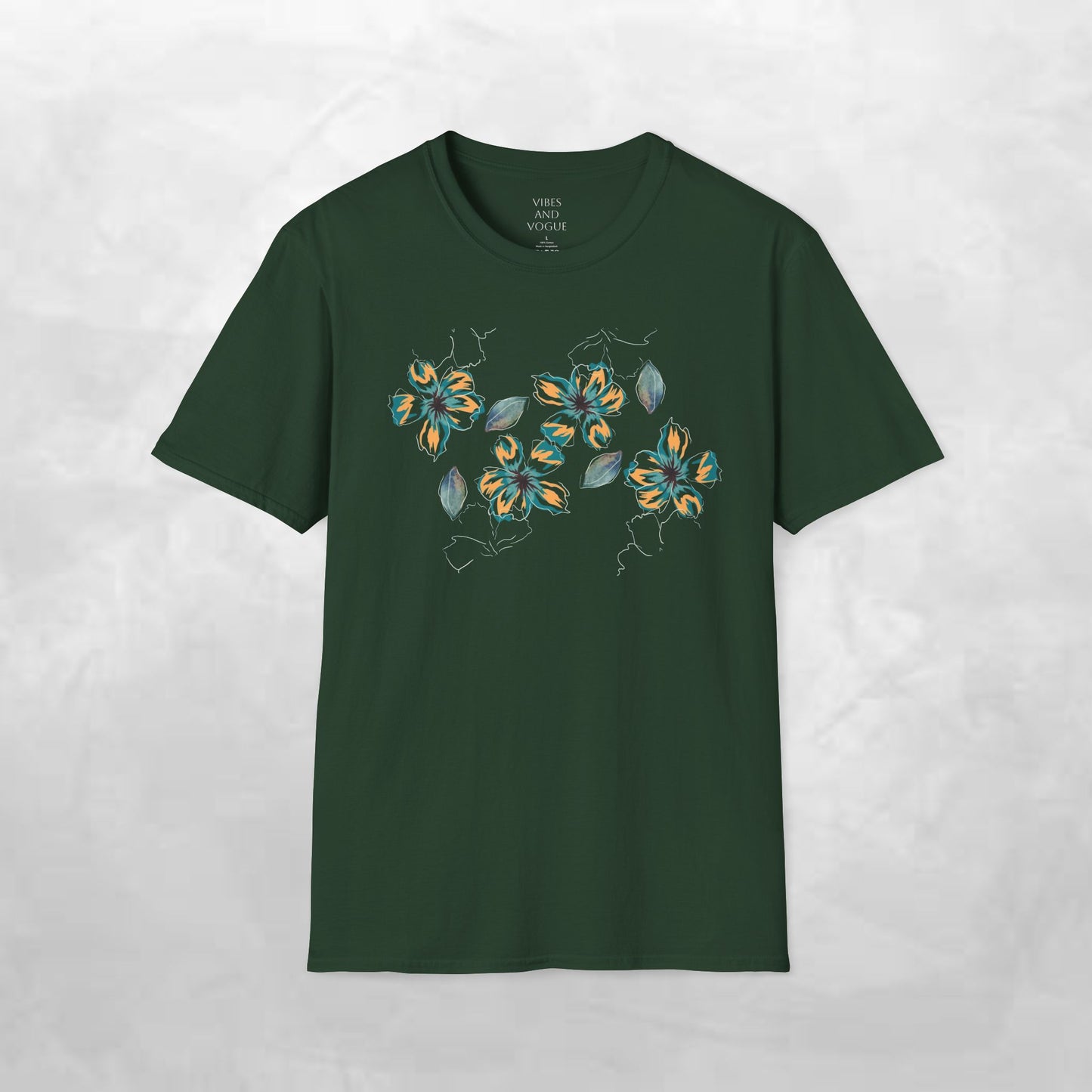 Floral Watercolor Tee — Teal & Gold Blossom Graphic T-Shirt