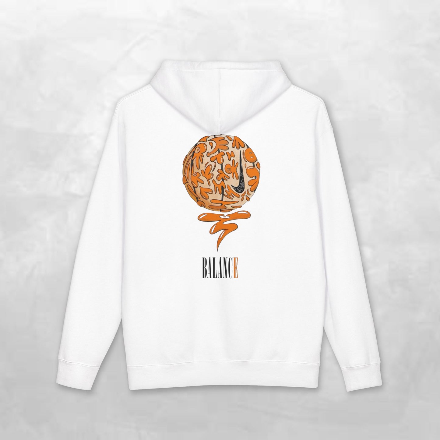 Balance Hoodie — Minimal Front Logo & Orange Camouflage Globe Back Graphic