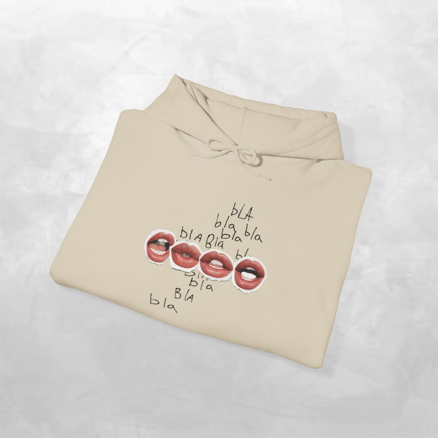 Graphic Hoodie — 'BLA BLA' Lip Print Pullover