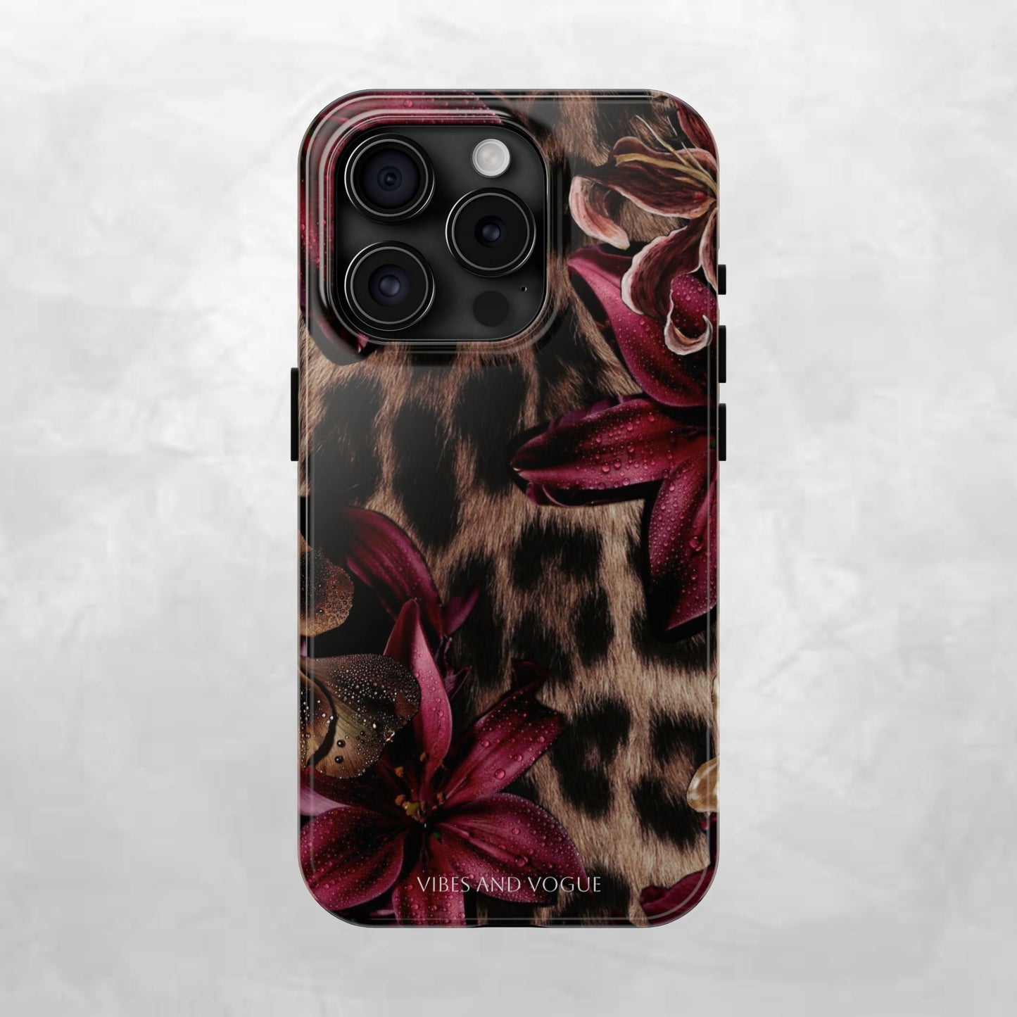 Leopard Bloom Tough Phone Case — Burgundy Floral Protective Cover
