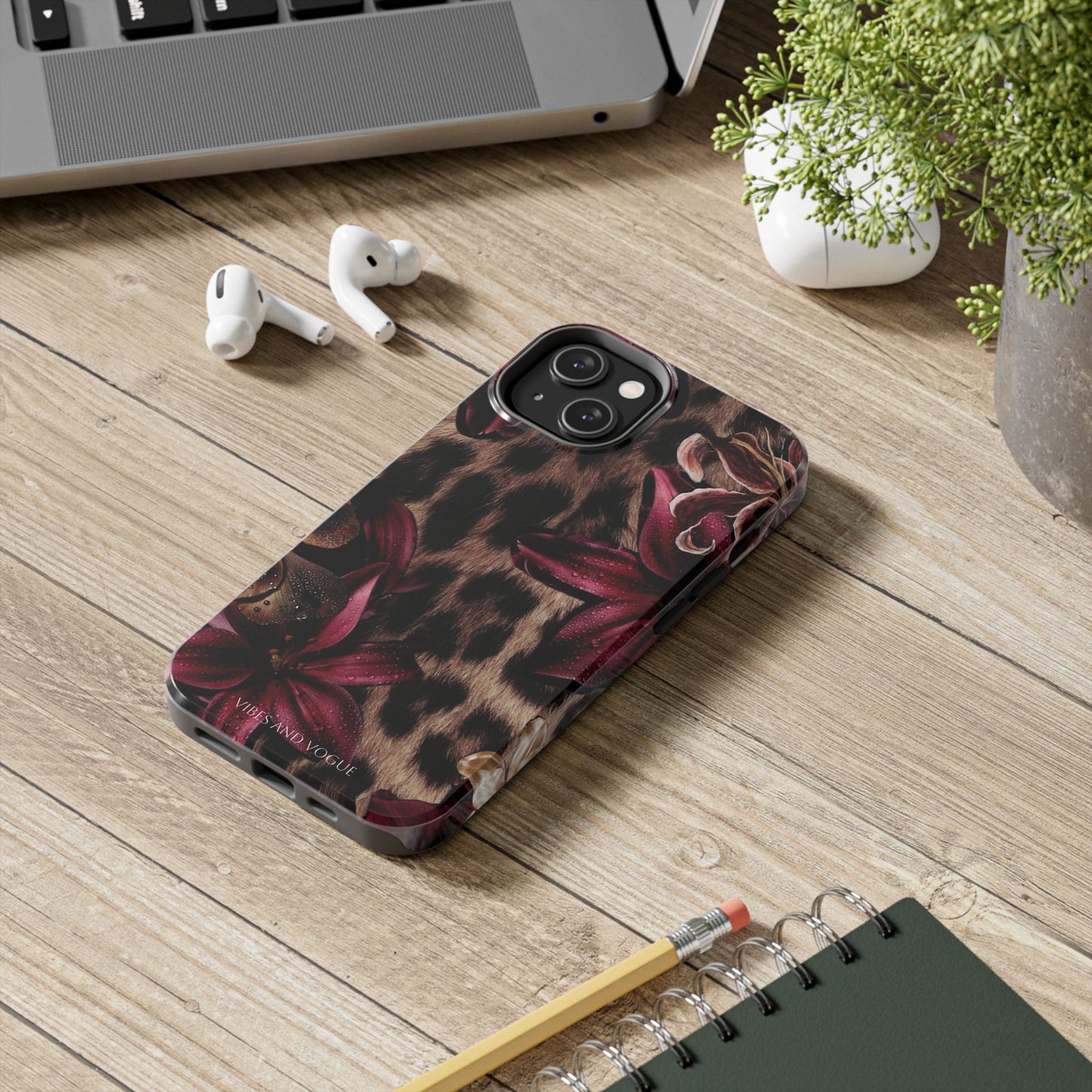 Leopard Bloom Tough Phone Case — Burgundy Floral Protective Cover