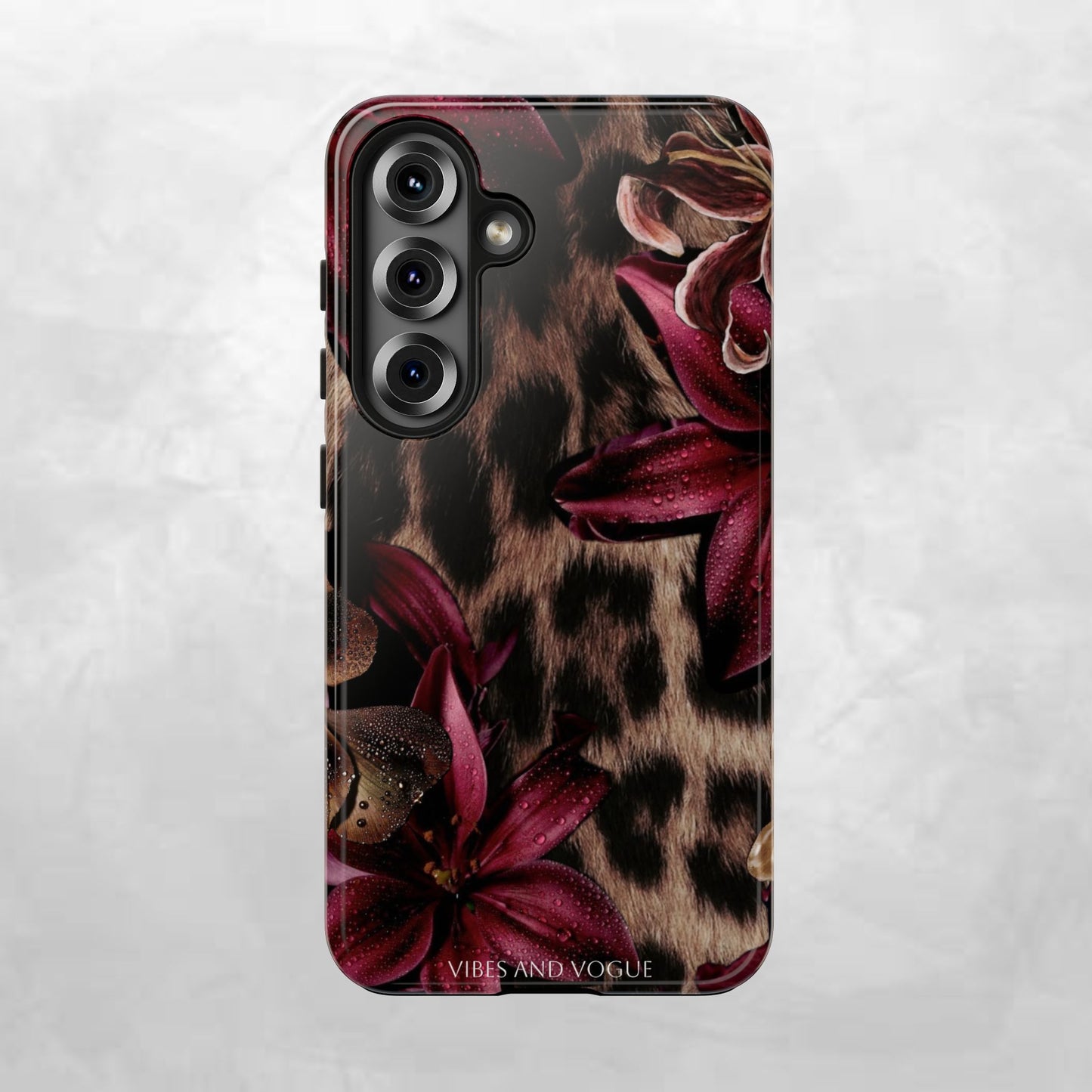 Leopard Bloom Tough Phone Case — Burgundy Floral Protective Cover