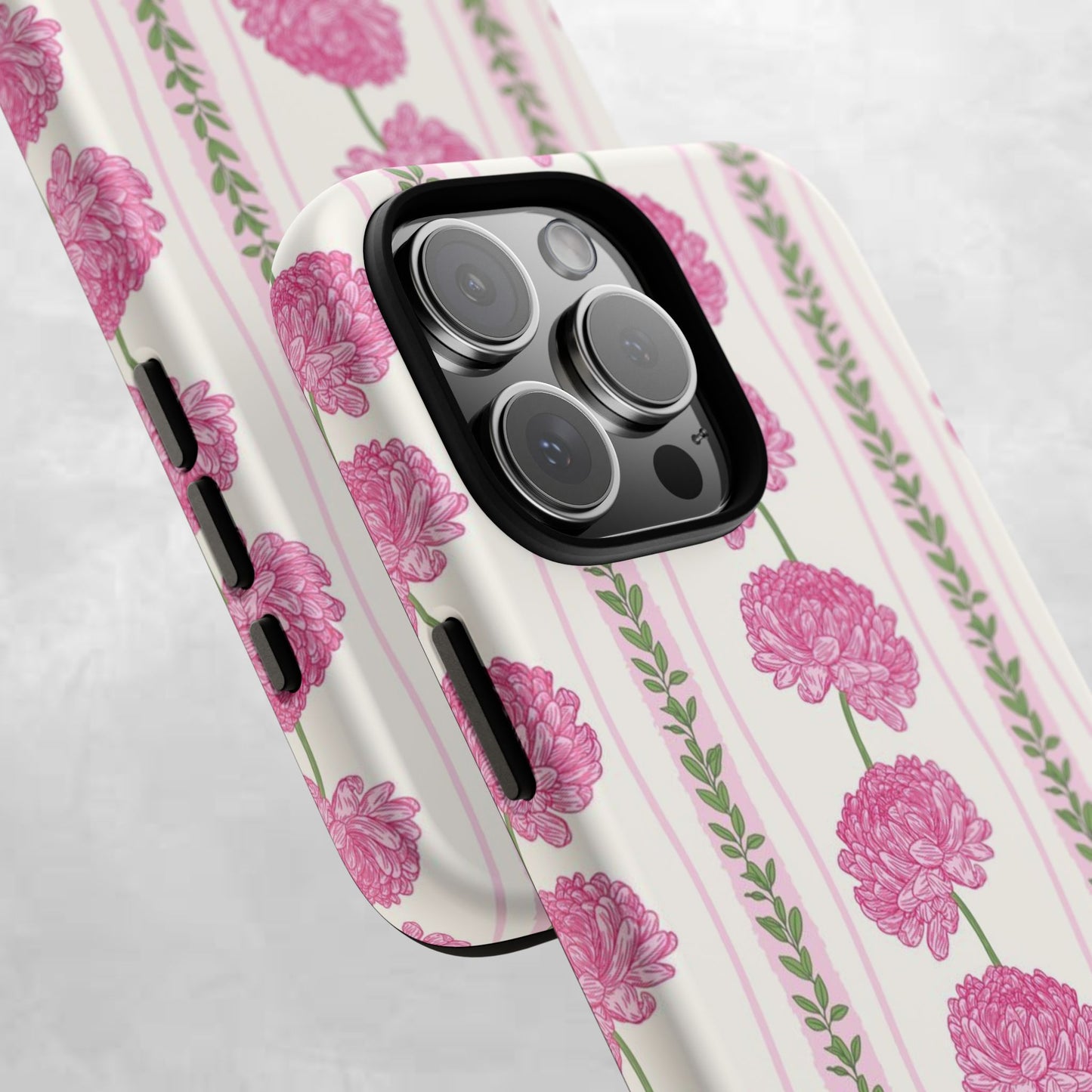 Floral Carnation Phone Case — Pink Vintage Stripe Tough Case