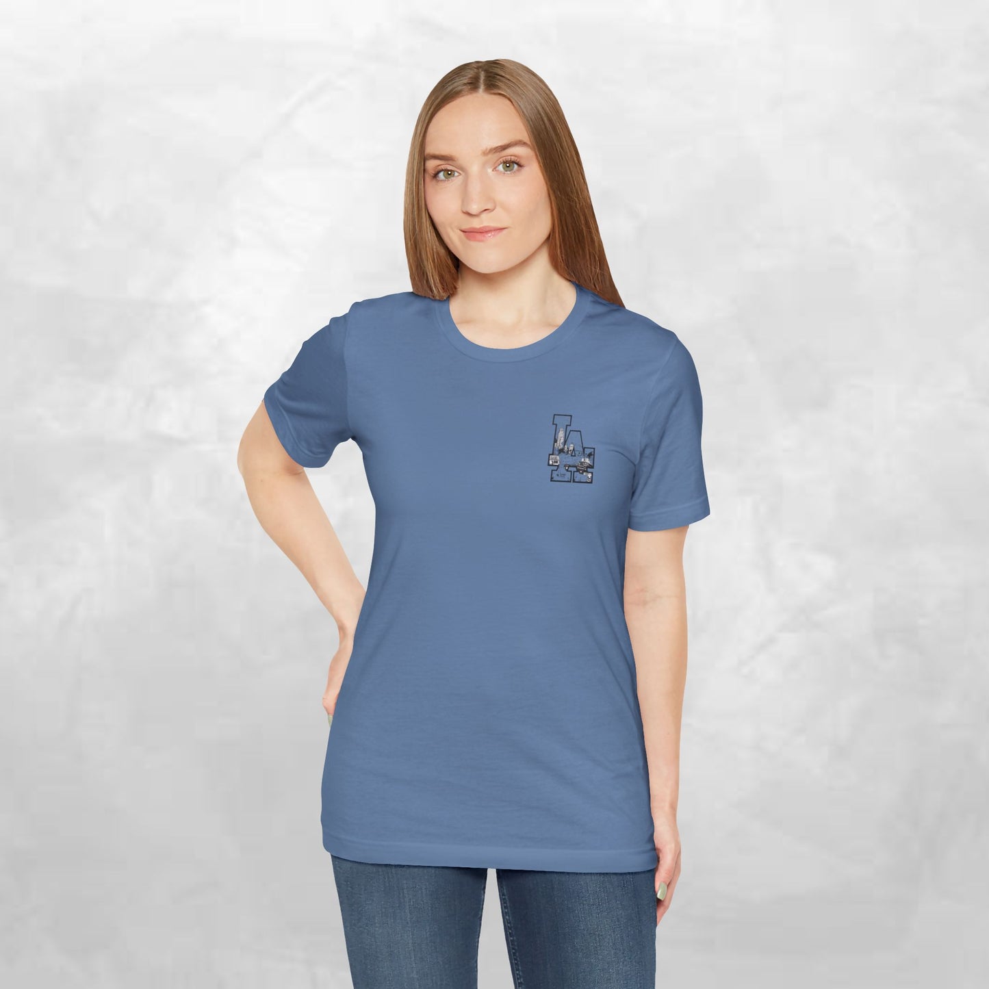 Minimalist Cityscape Pocket Tee — Small Black Line Art Chest Print