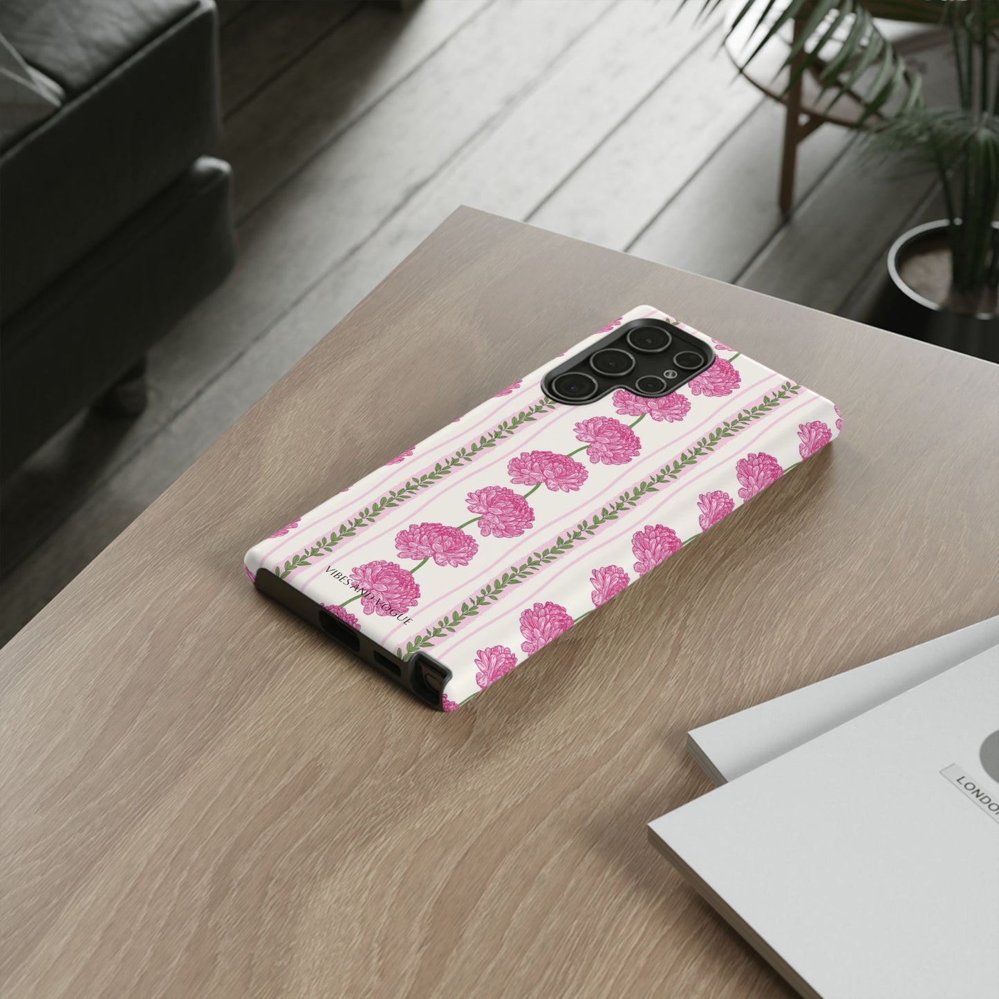 Floral Carnation Phone Case — Pink Vintage Stripe Tough Case
