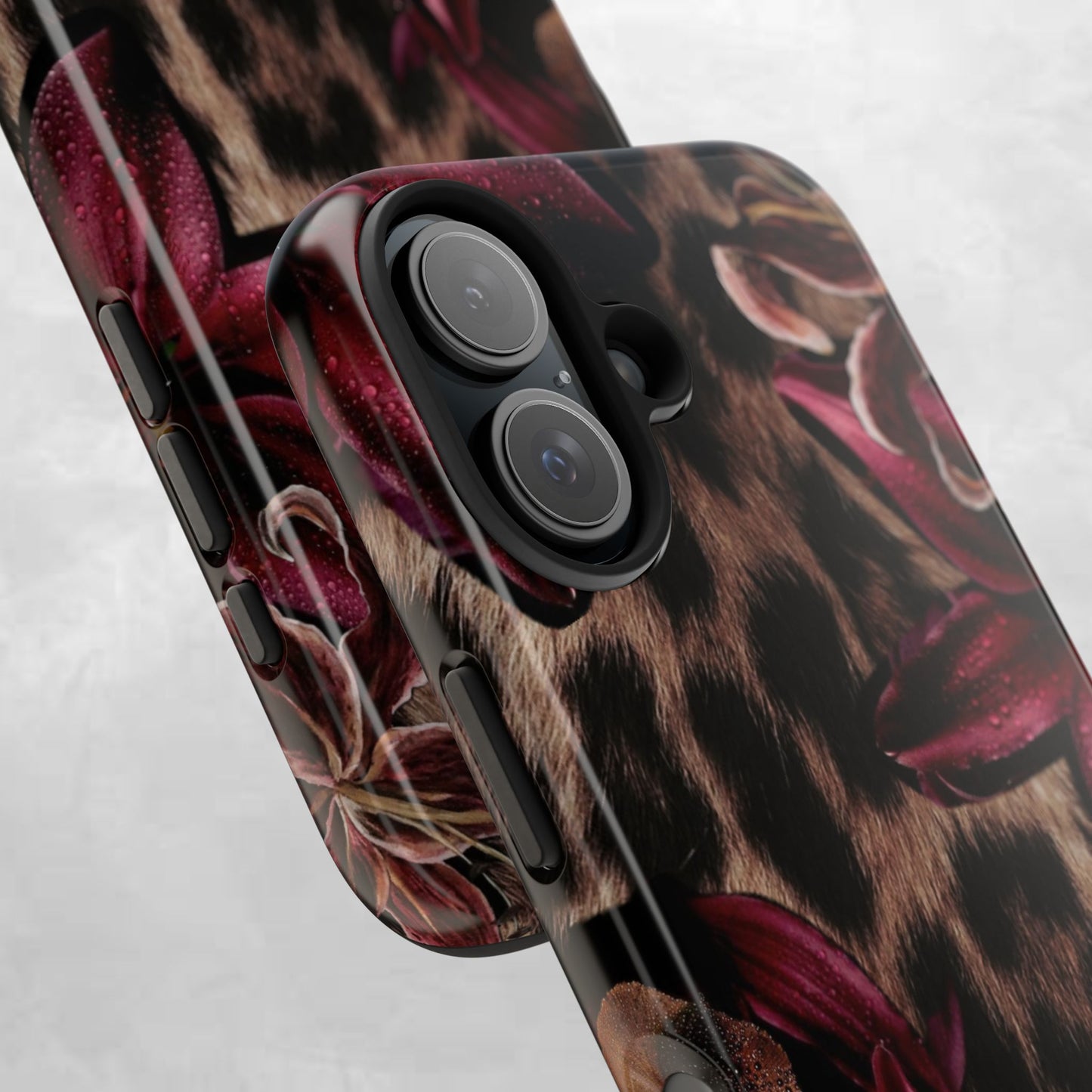 Leopard Bloom Tough Phone Case — Burgundy Floral Protective Cover