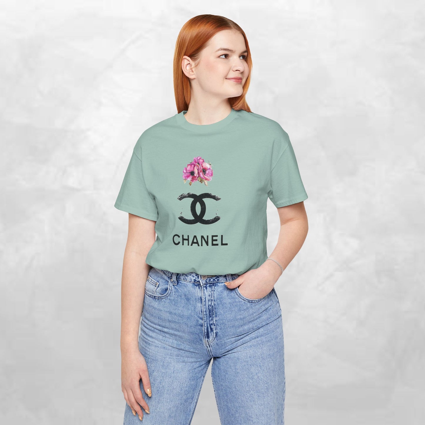 Chic Floral Logo Tee | Stylish Unisex Jersey Short Sleeve T-Shirt, Fashion Tee, Luxury Aesthetic, Gift for Her, Casual Wear, Trendy Apparel