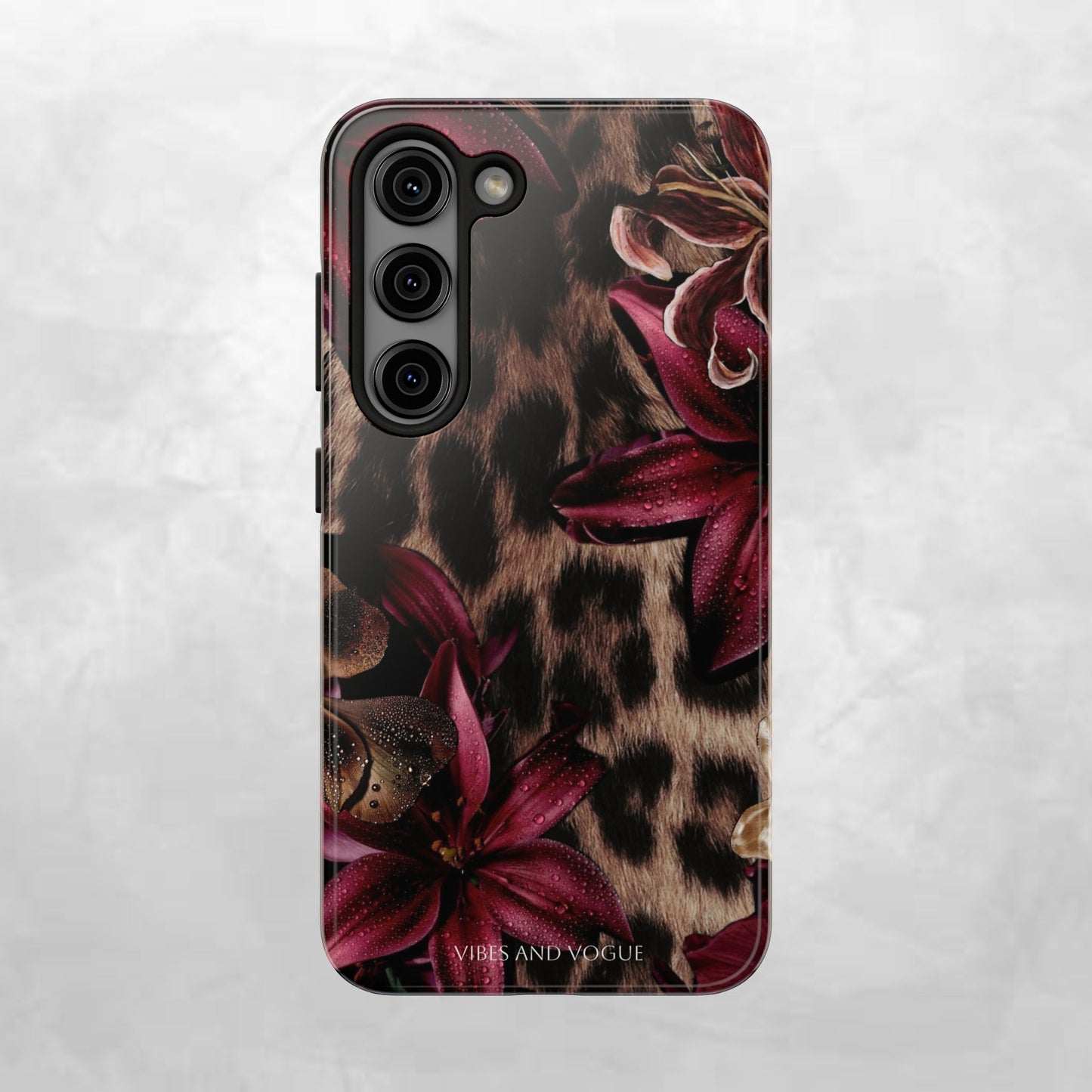 Leopard Bloom Tough Phone Case — Burgundy Floral Protective Cover