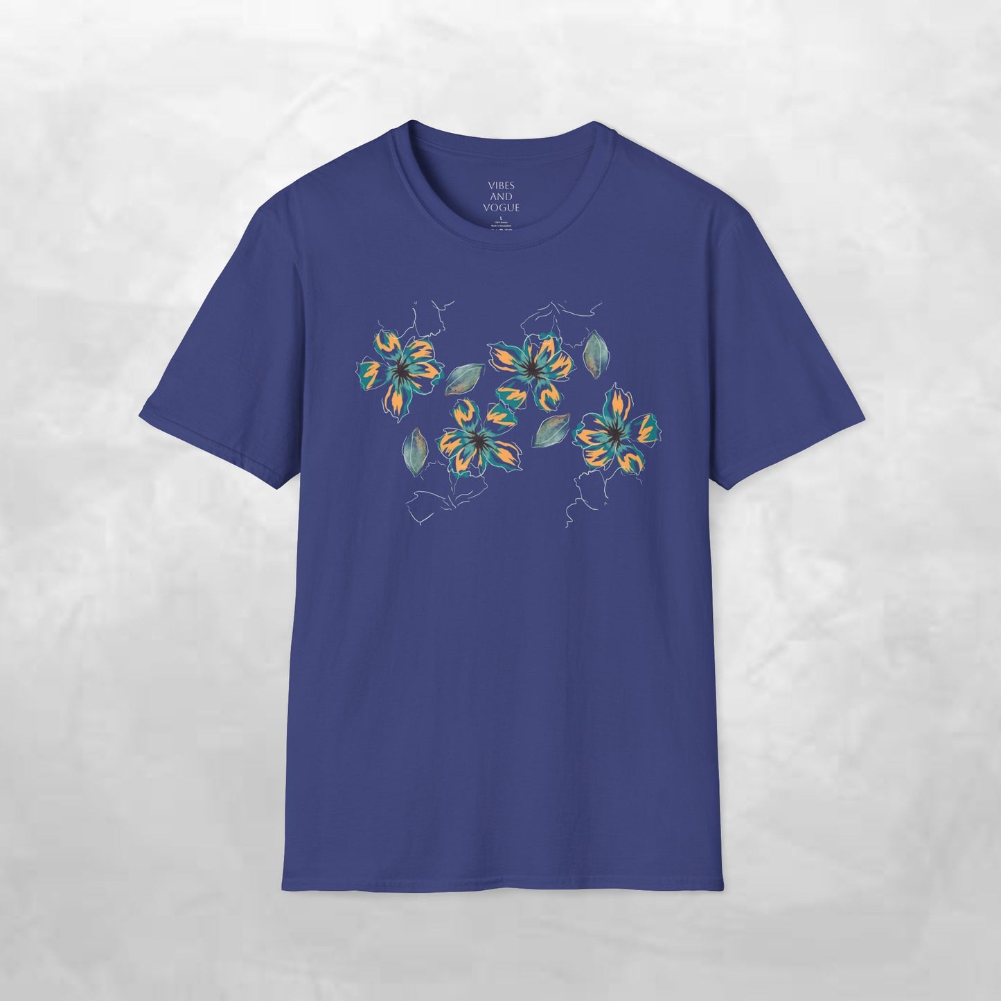 Floral Watercolor Tee — Teal & Gold Blossom Graphic T-Shirt