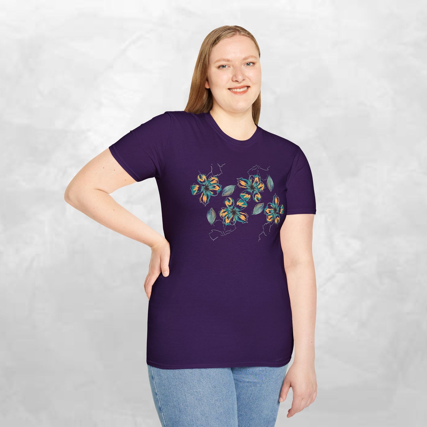 Floral Watercolor Tee — Teal & Gold Blossom Graphic T-Shirt