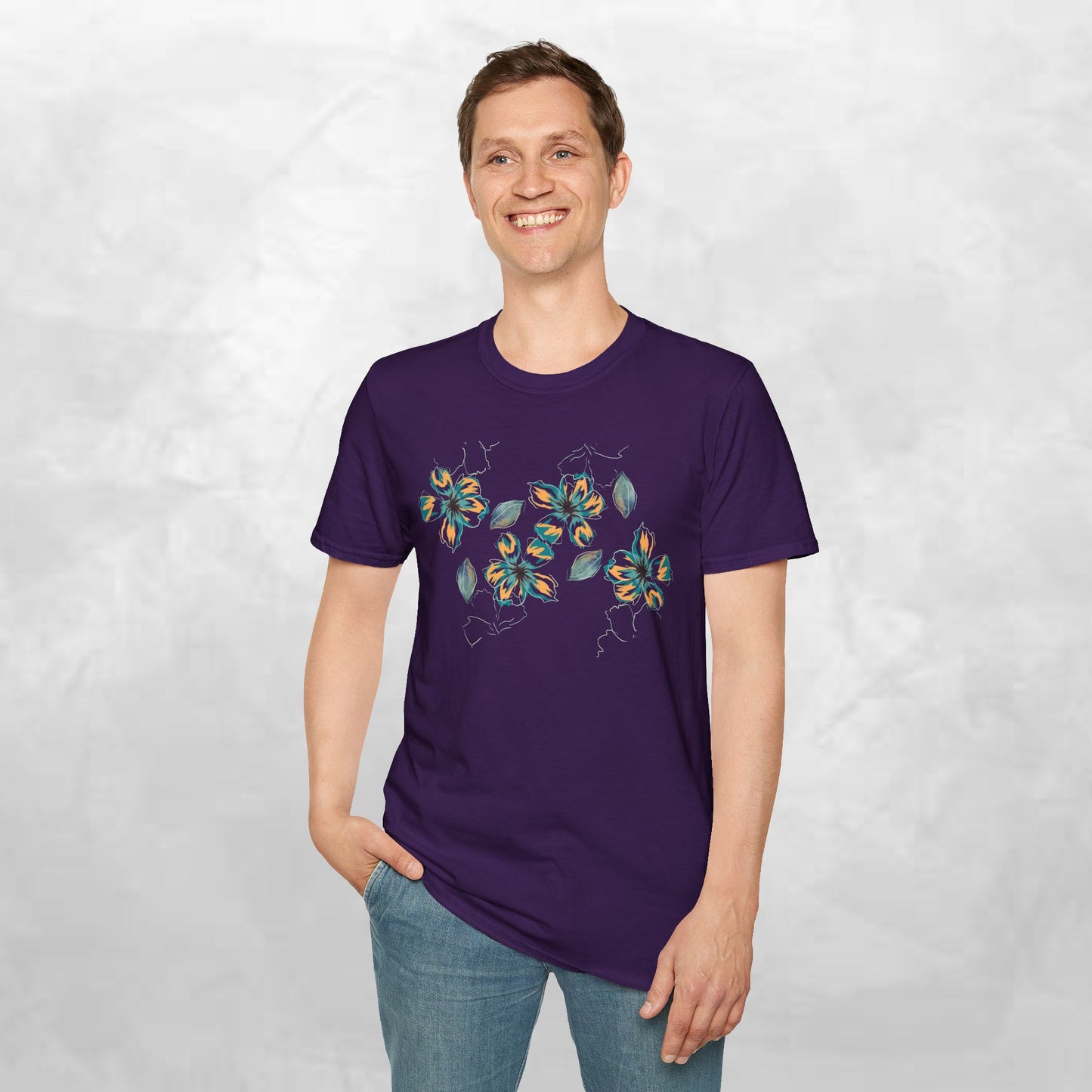 Floral Watercolor Tee — Teal & Gold Blossom Graphic T-Shirt