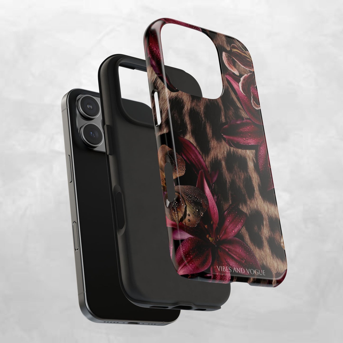 Leopard Bloom Tough Phone Case — Burgundy Floral Protective Cover