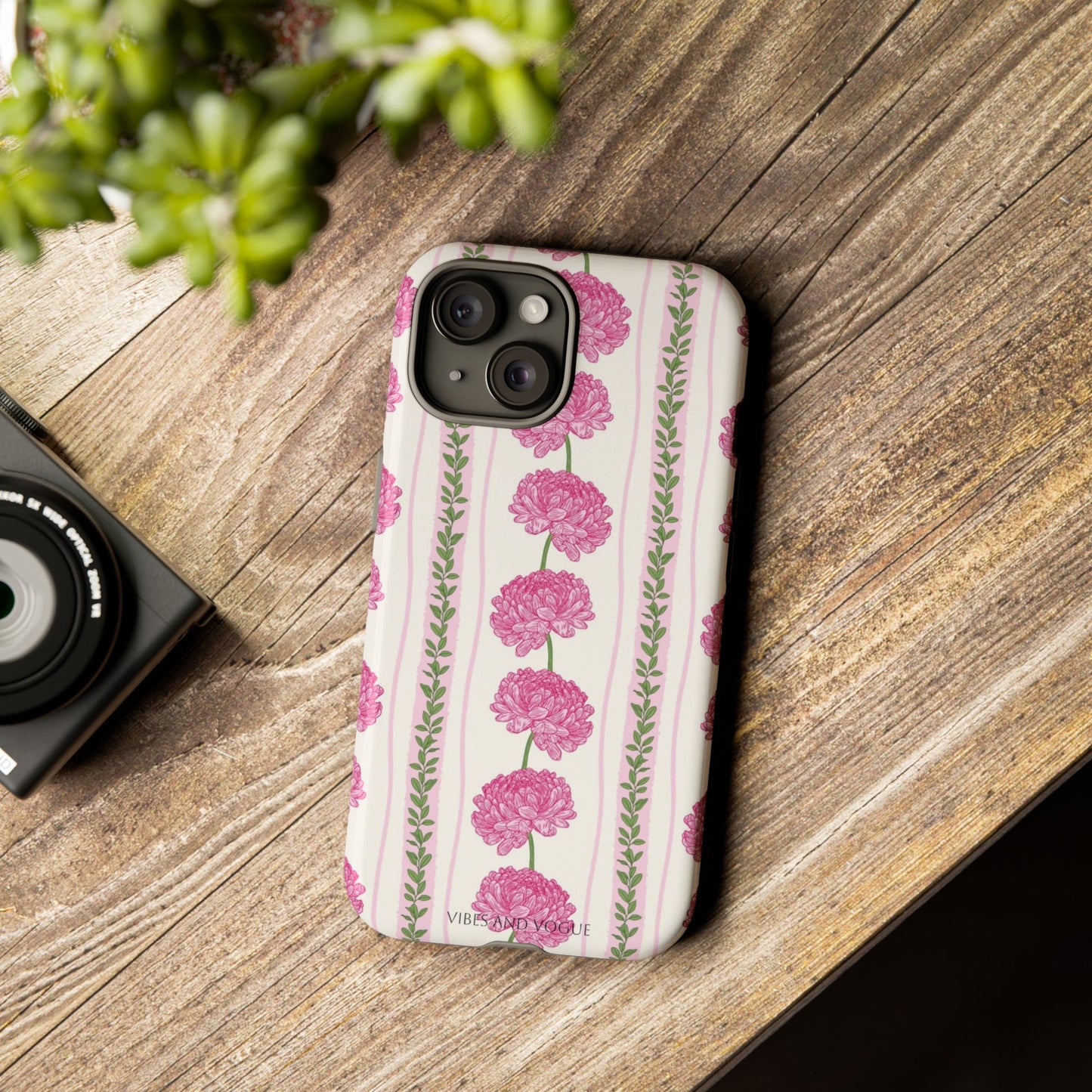 Floral Carnation Phone Case — Pink Vintage Stripe Tough Case