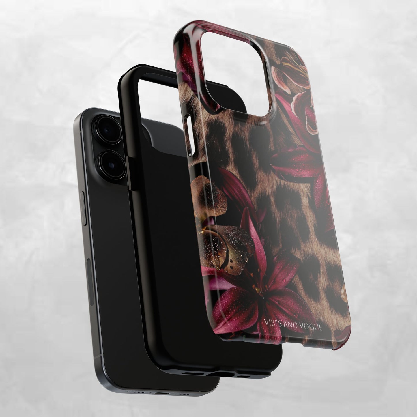Leopard Bloom Tough Phone Case — Burgundy Floral Protective Cover