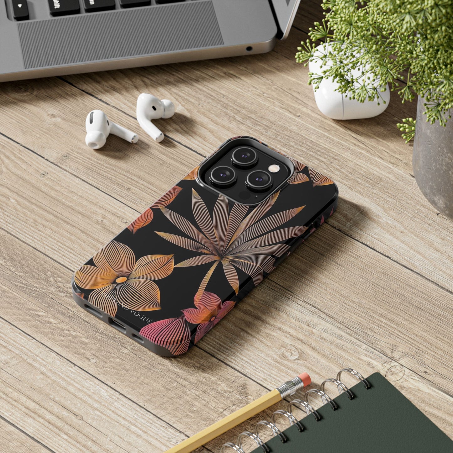 Tough Phone Case — Botanical Line Art Floral Design (Black & Copper)