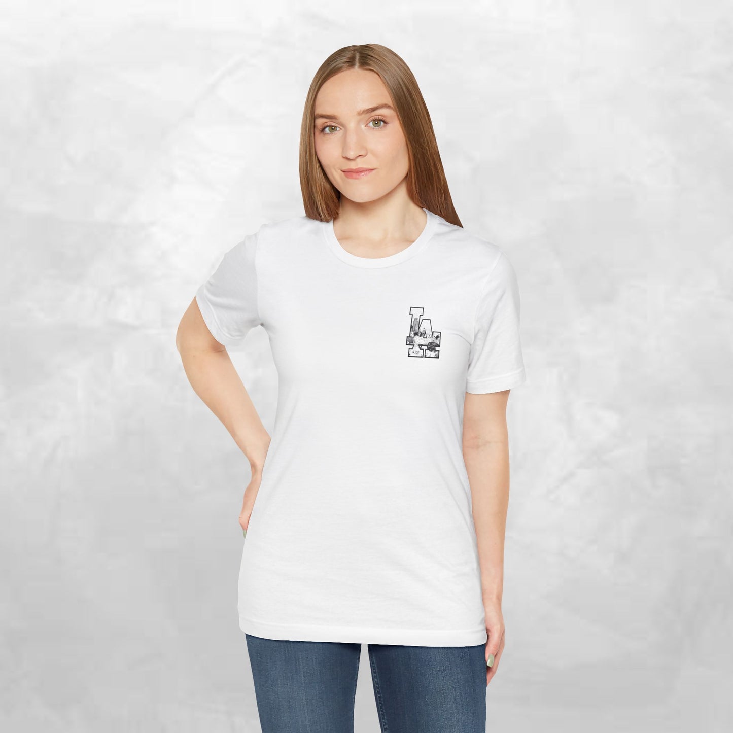 Minimalist Cityscape Pocket Tee — Small Black Line Art Chest Print